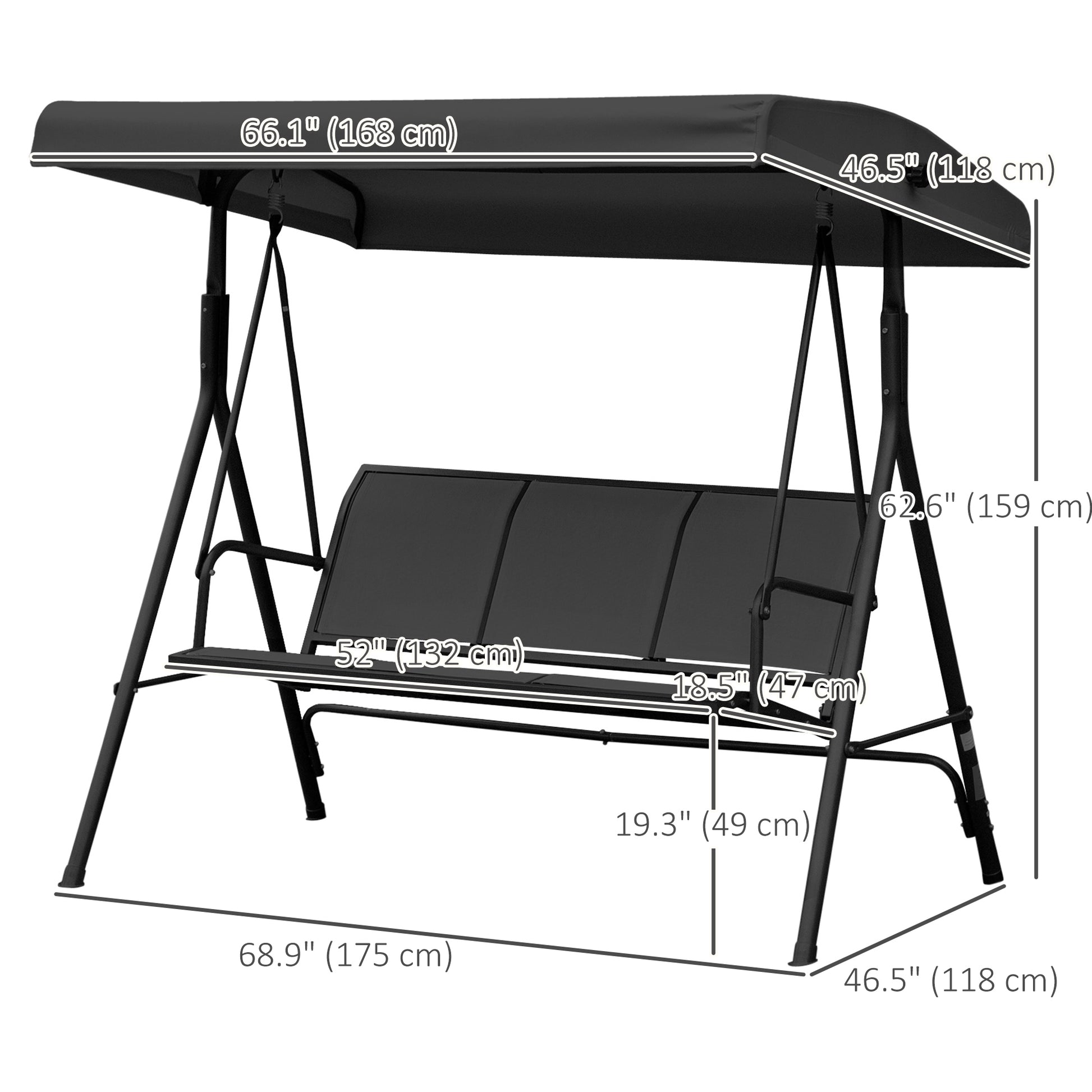 3-Seater Swing Chair with Canopy - Black Outdoor-DECOROLALA