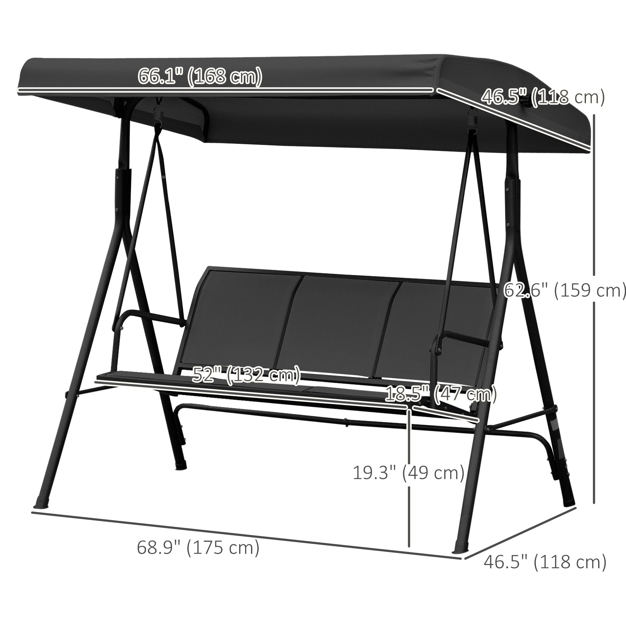 3-Seater Swing Chair with Canopy - Black Outdoor-DECOROLALA