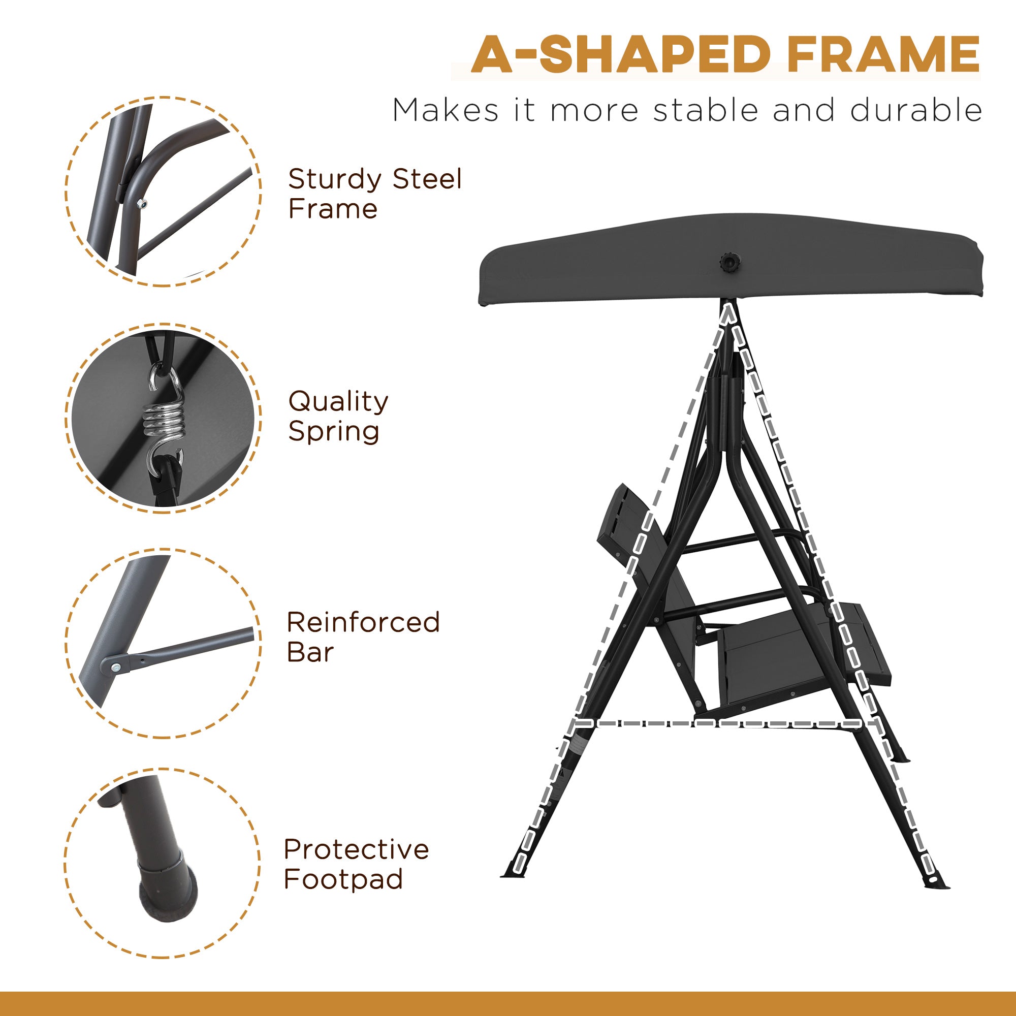 3-Seater Swing Chair with Canopy - Black Outdoor-DECOROLALA
