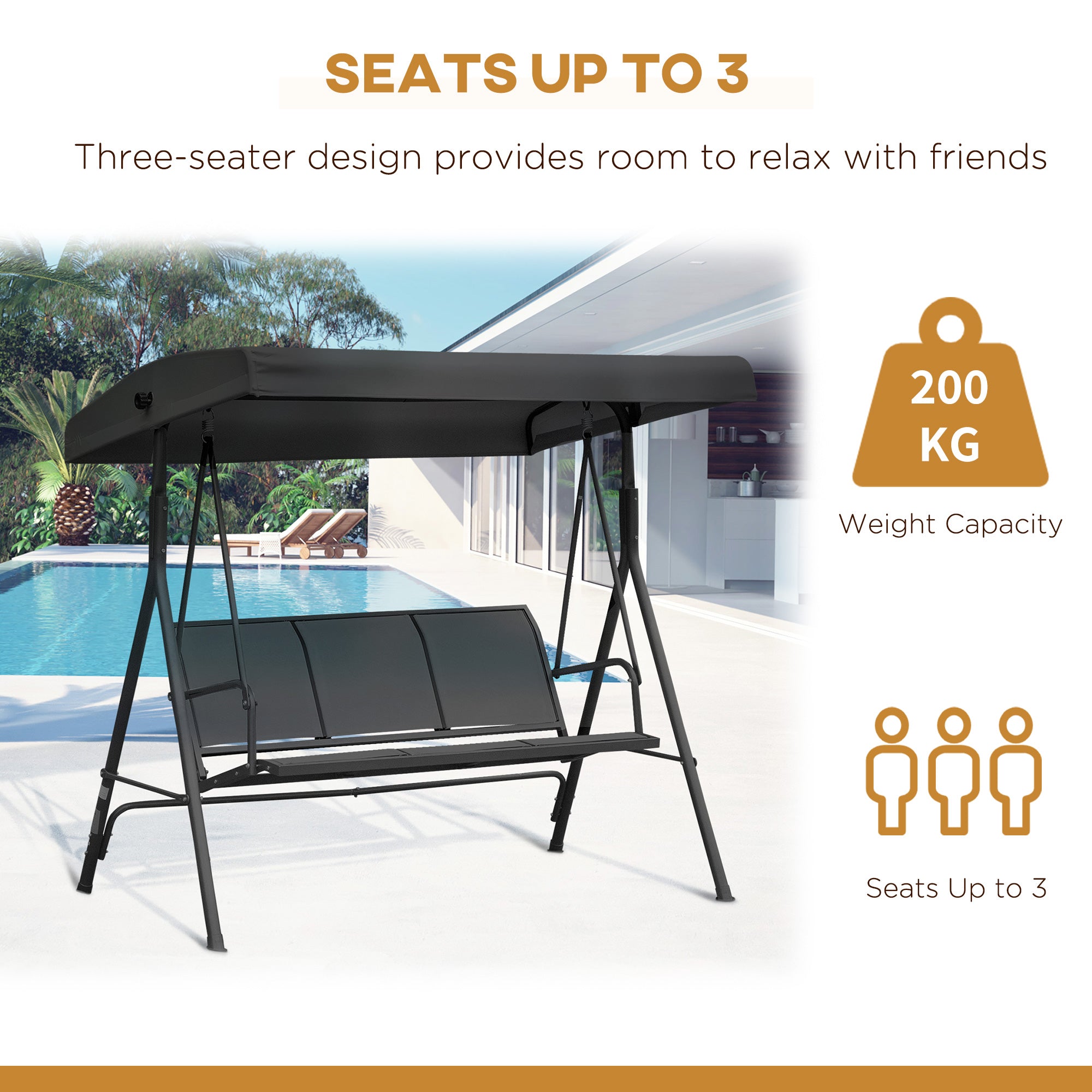 3-Seater Swing Chair with Canopy - Black Outdoor-DECOROLALA