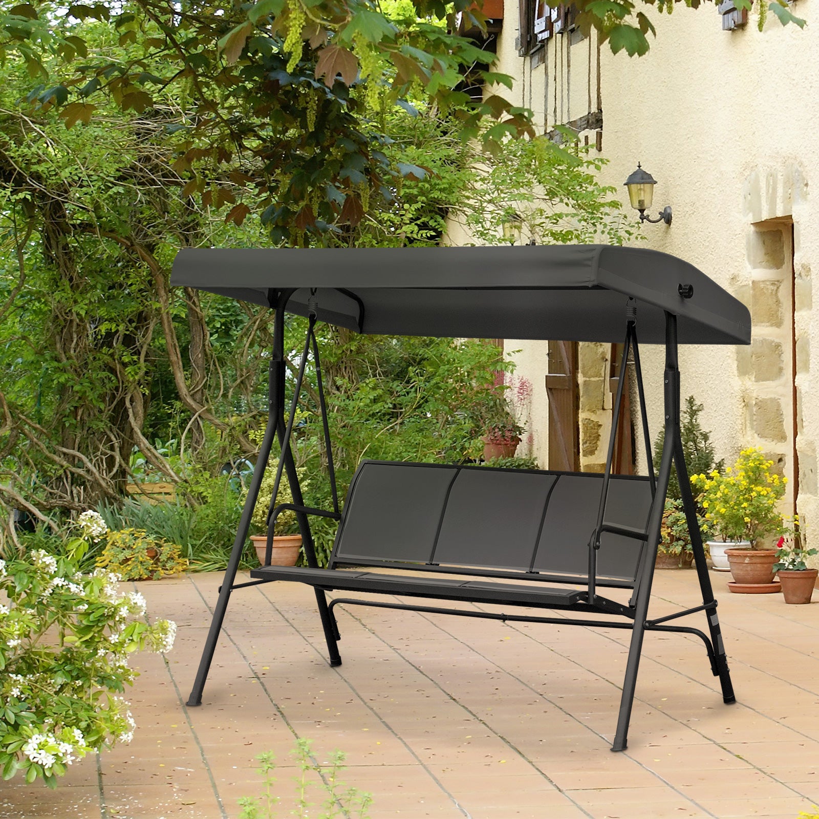 3-Seater Swing Chair with Canopy - Black Outdoor-DECOROLALA
