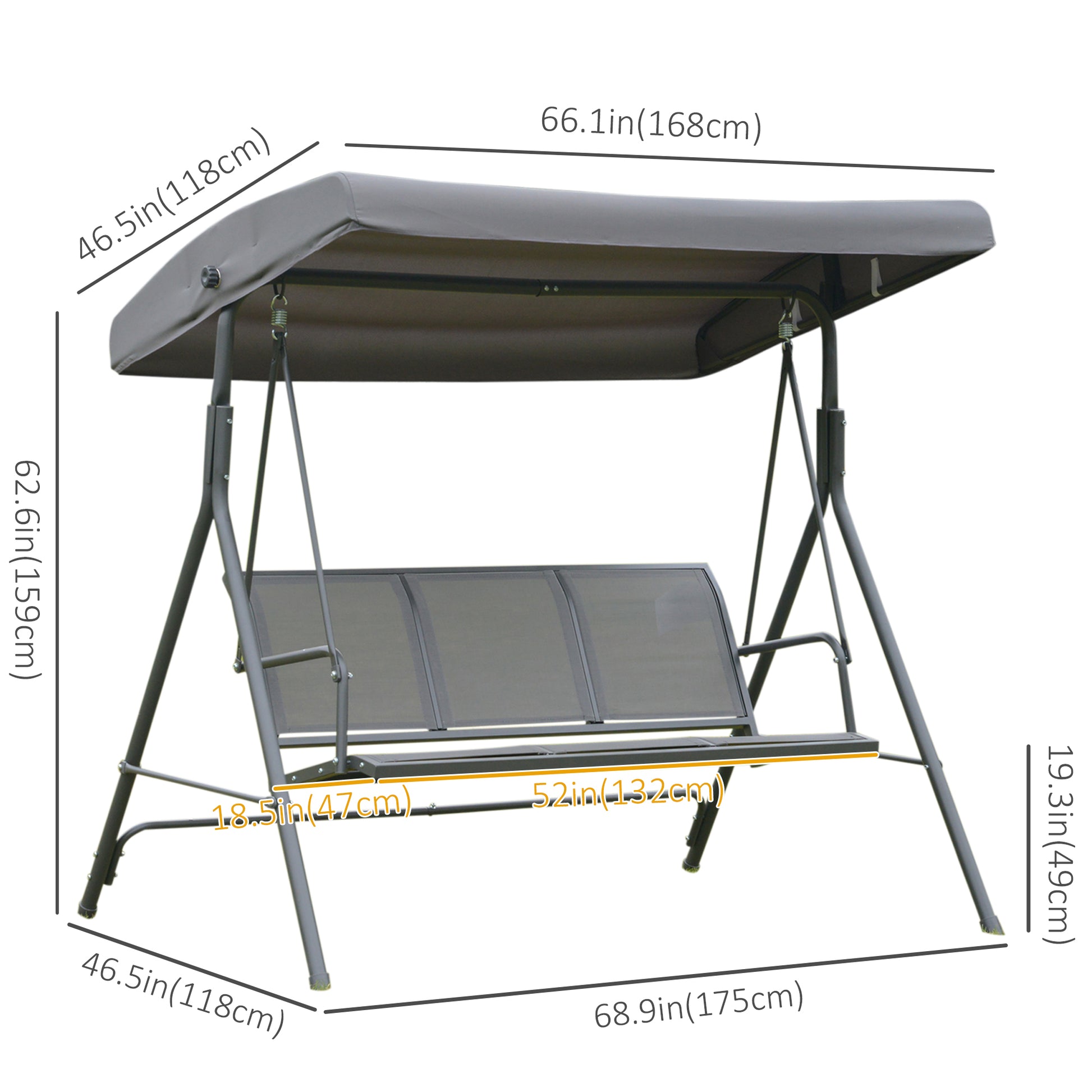 3-Seater Swing Chair with Canopy - Grey 69"-DECOROLALA