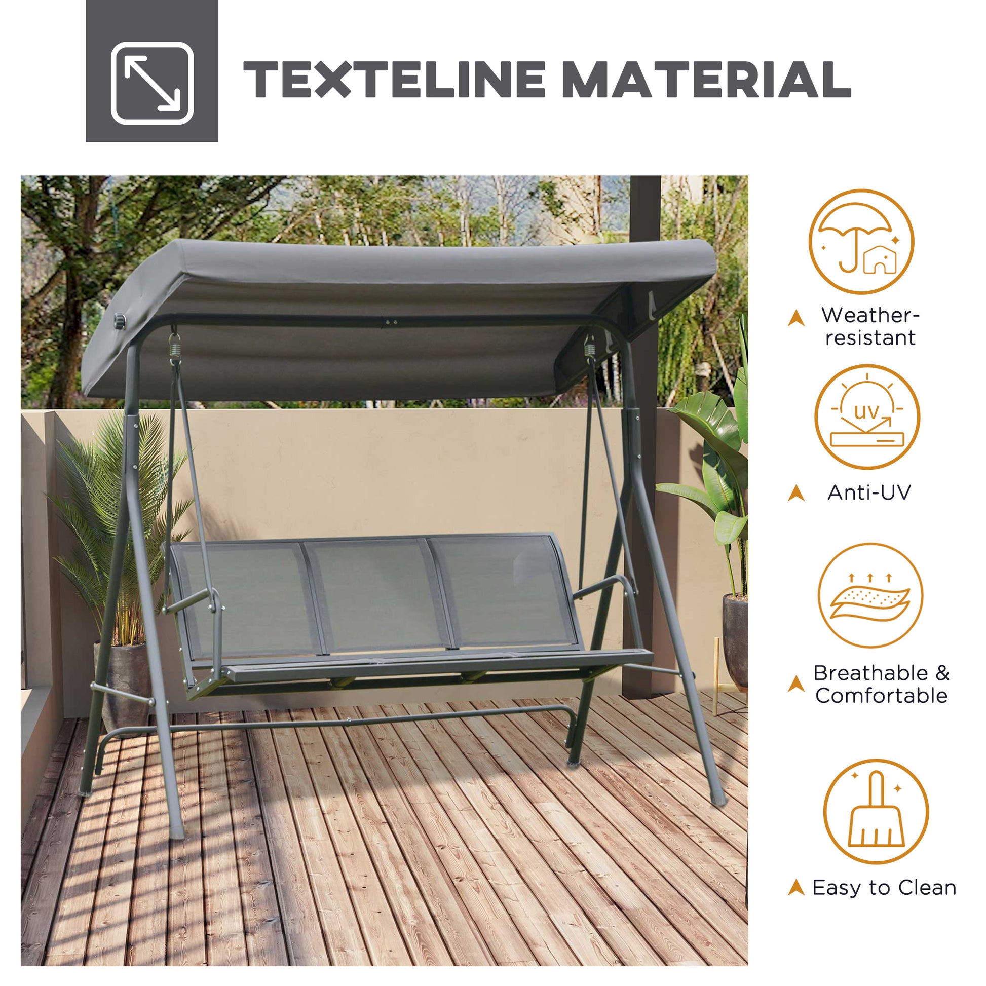 3-Seater Swing Chair with Canopy - Grey 69"-DECOROLALA