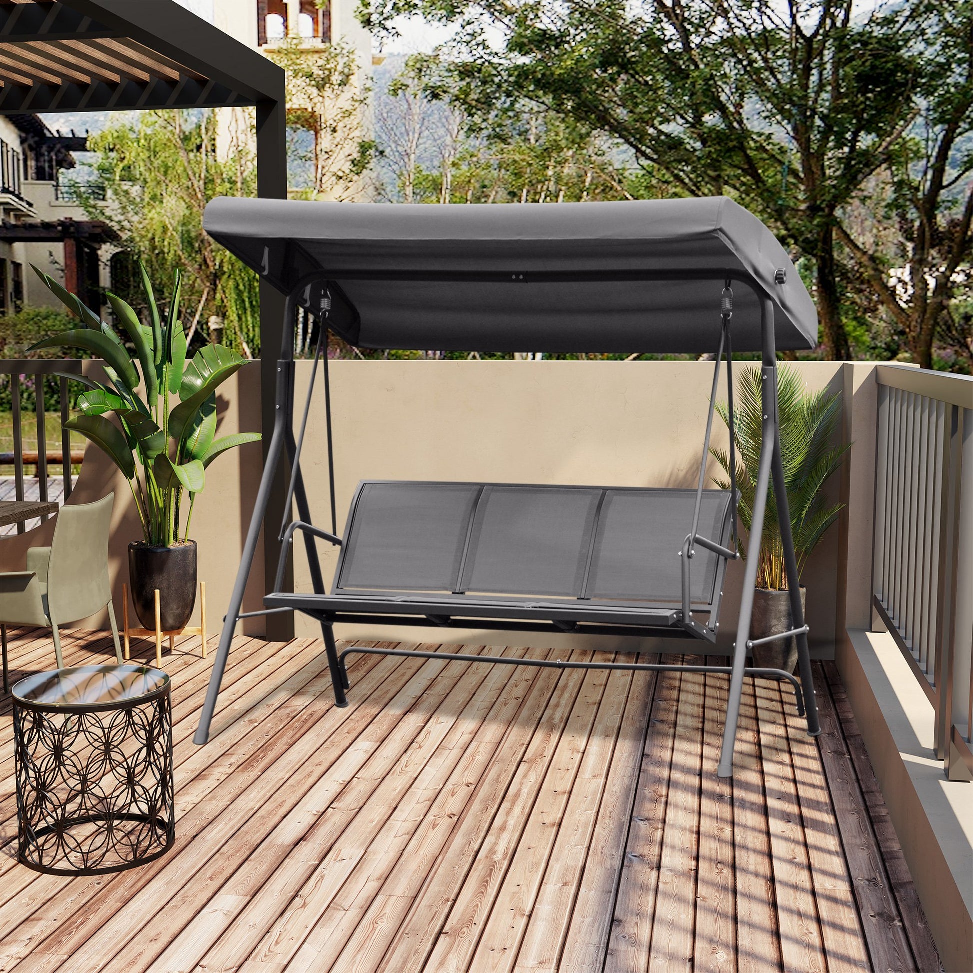 3-Seater Swing Chair with Canopy - Grey 69"-DECOROLALA