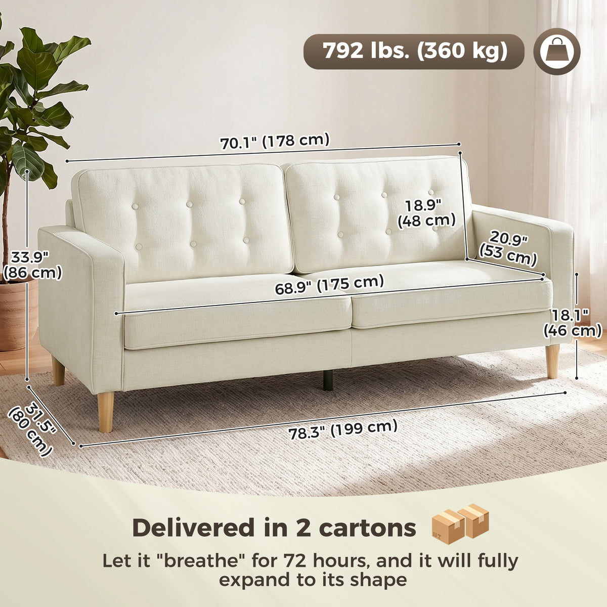 3 Seater Velvet Sofa - Modern Tufted Couch, Cream White-Home Furnishings > Living Room Furniture > Sofas & Reclining Chairs > 3-Seater Sofas-DECOROLALA
