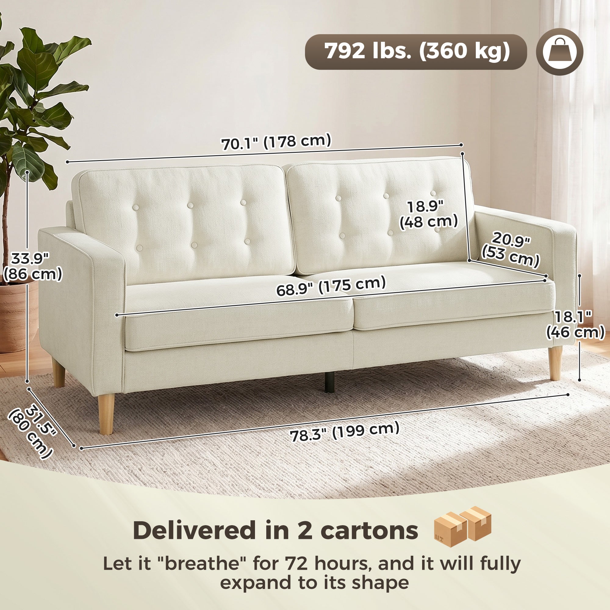 3 Seater Velvet Sofa - Modern Tufted Couch, Cream White-Home Furnishings > Living Room Furniture > Sofas & Reclining Chairs > 3-Seater Sofas-DECOROLALA