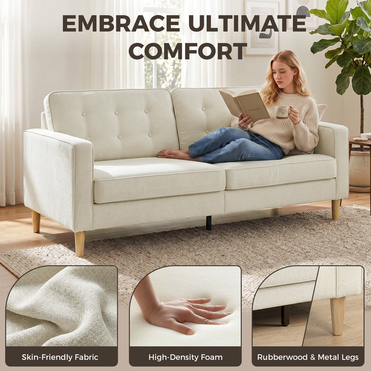 3 Seater Velvet Sofa - Modern Tufted Couch, Cream White-Home Furnishings > Living Room Furniture > Sofas & Reclining Chairs > 3-Seater Sofas-DECOROLALA
