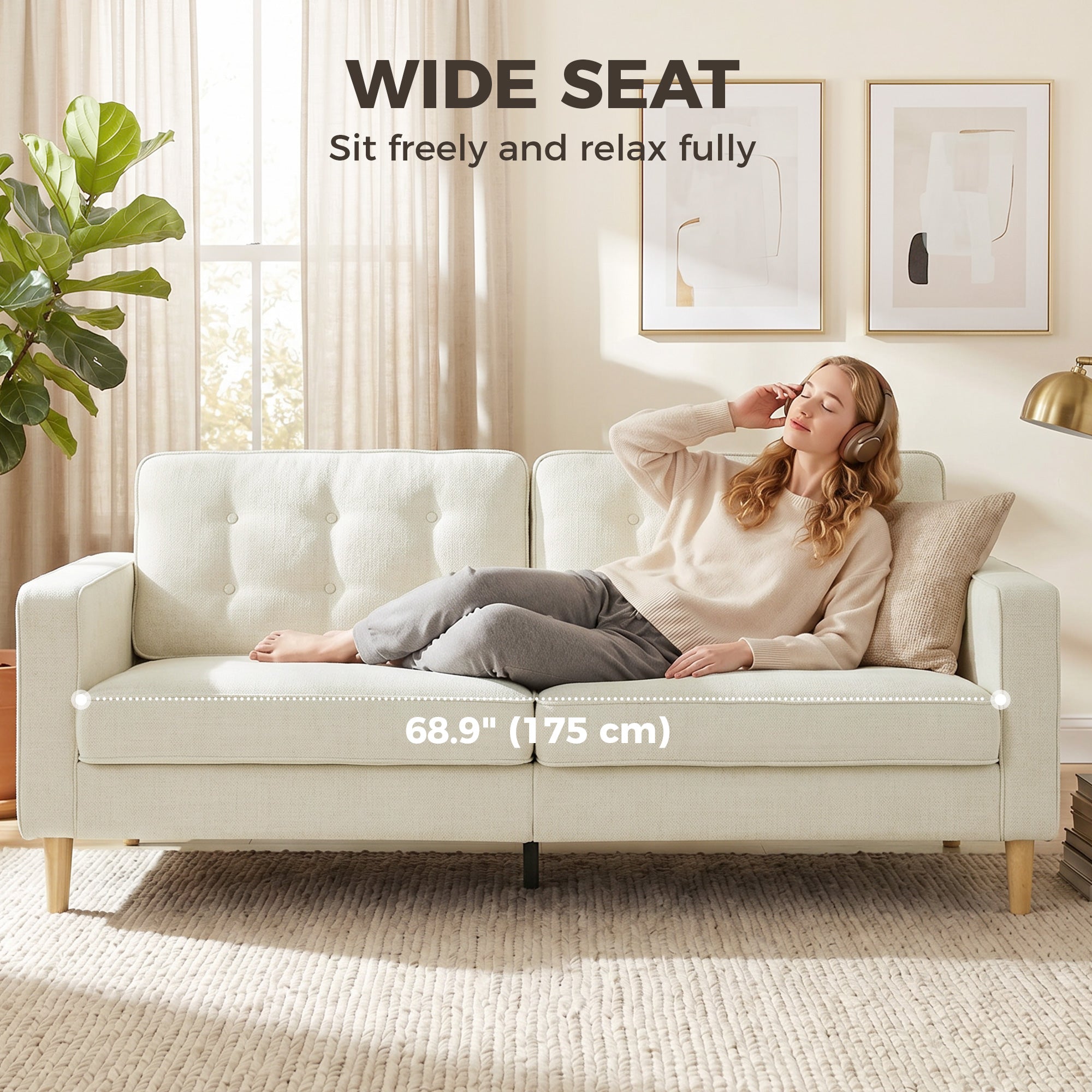 3 Seater Velvet Sofa - Modern Tufted Couch, Cream White-Home Furnishings > Living Room Furniture > Sofas & Reclining Chairs > 3-Seater Sofas-DECOROLALA
