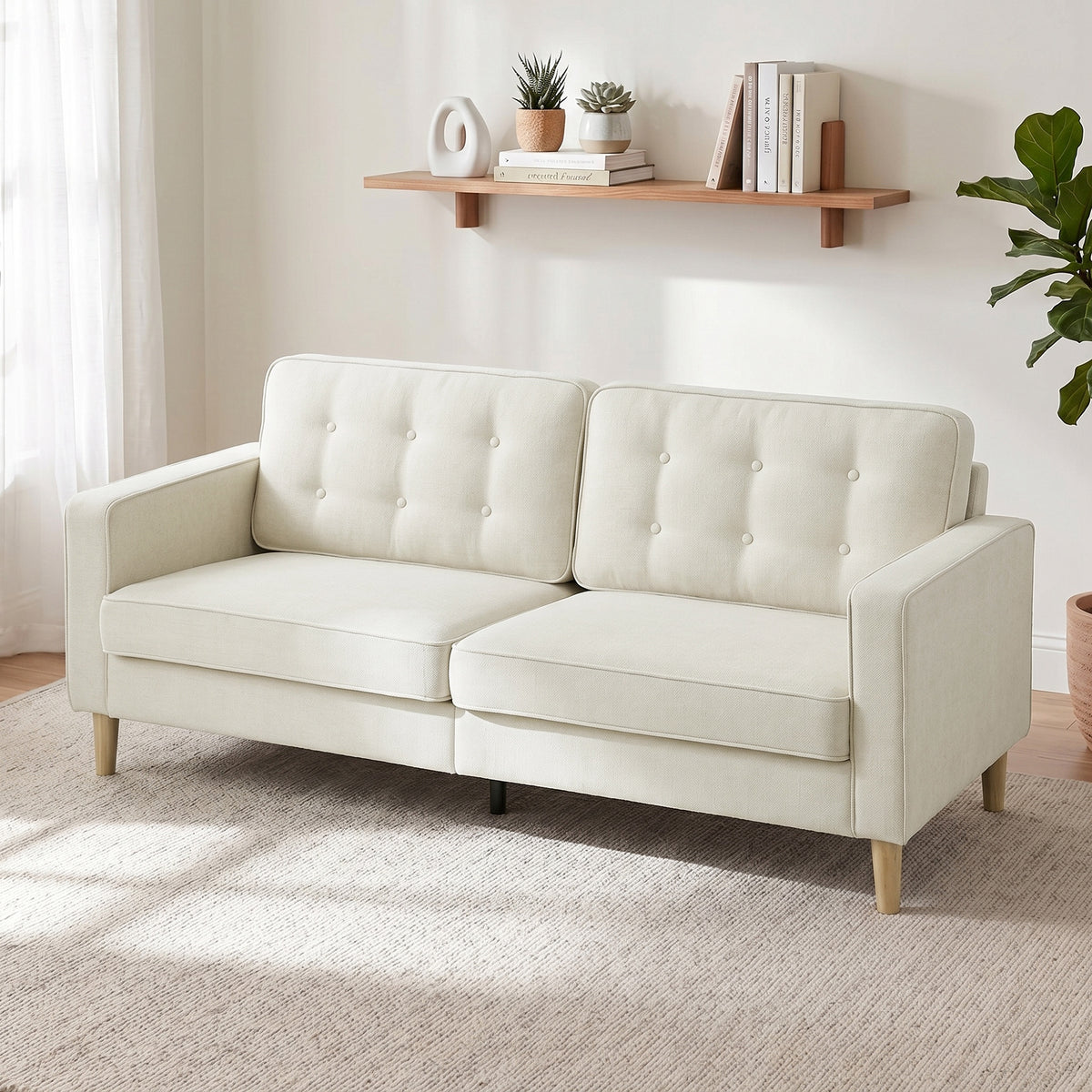 3 Seater Velvet Sofa - Modern Tufted Couch, Cream White-Home Furnishings > Living Room Furniture > Sofas & Reclining Chairs > 3-Seater Sofas-DECOROLALA
