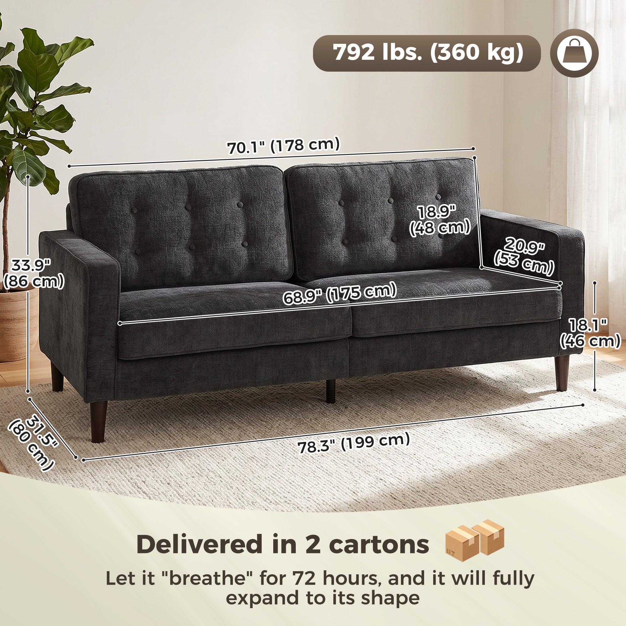 3 Seater Velvet Tufted Sofa - Dark Grey Modern Couch-Home Furnishings > Living Room Furniture > Sofas & Reclining Chairs > 3-Seater Sofas-DECOROLALA