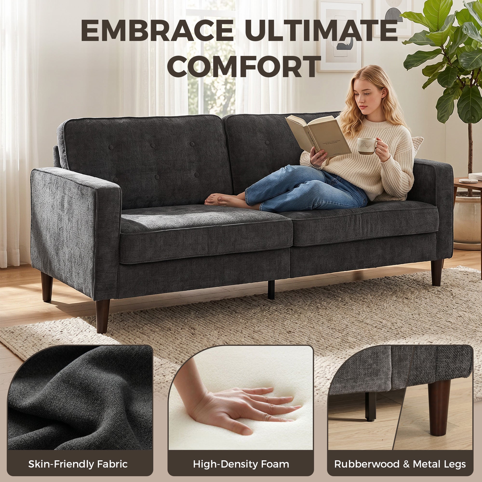 3 Seater Velvet Tufted Sofa - Dark Grey Modern Couch-Home Furnishings > Living Room Furniture > Sofas & Reclining Chairs > 3-Seater Sofas-DECOROLALA