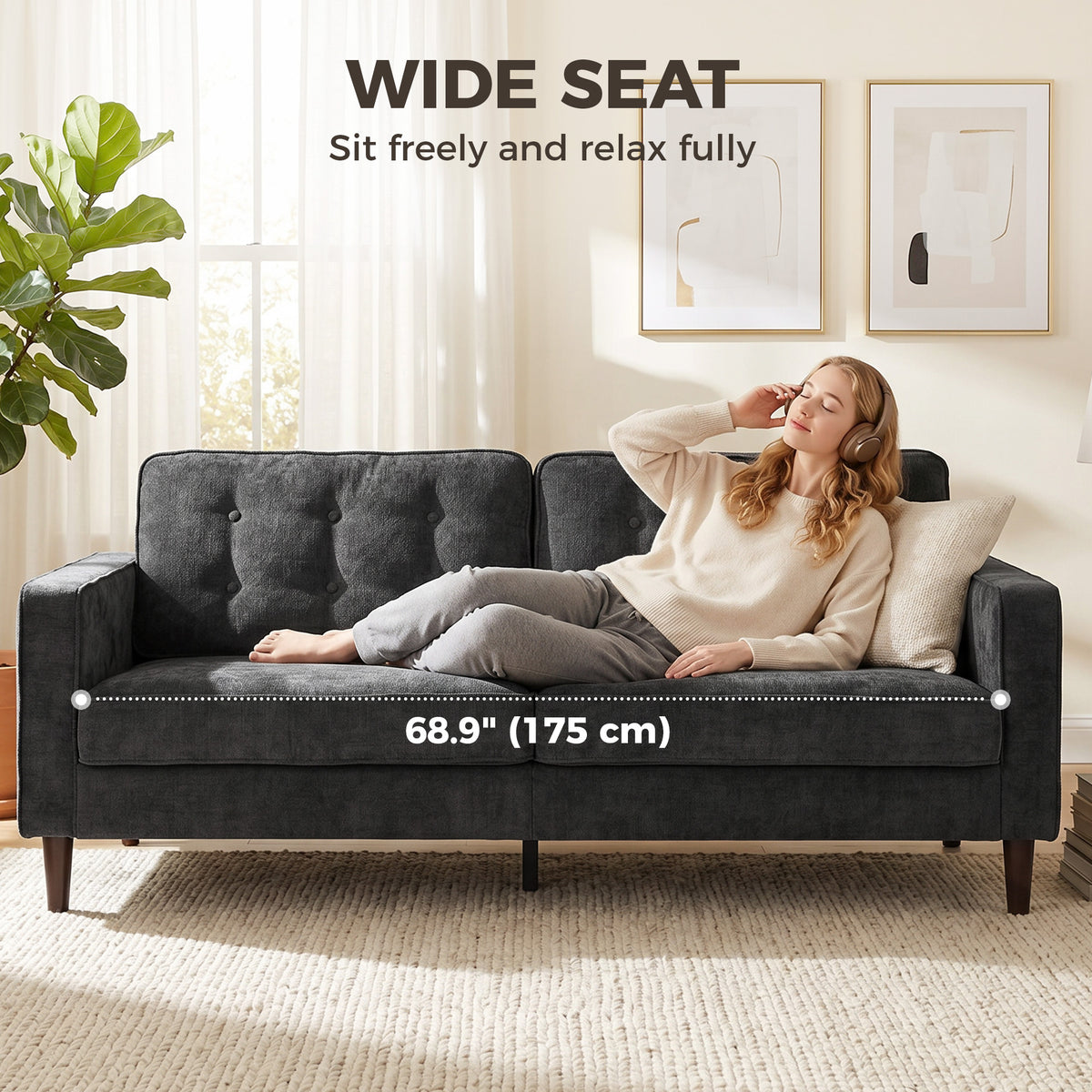 3 Seater Velvet Tufted Sofa - Dark Grey Modern Couch-Home Furnishings > Living Room Furniture > Sofas & Reclining Chairs > 3-Seater Sofas-DECOROLALA