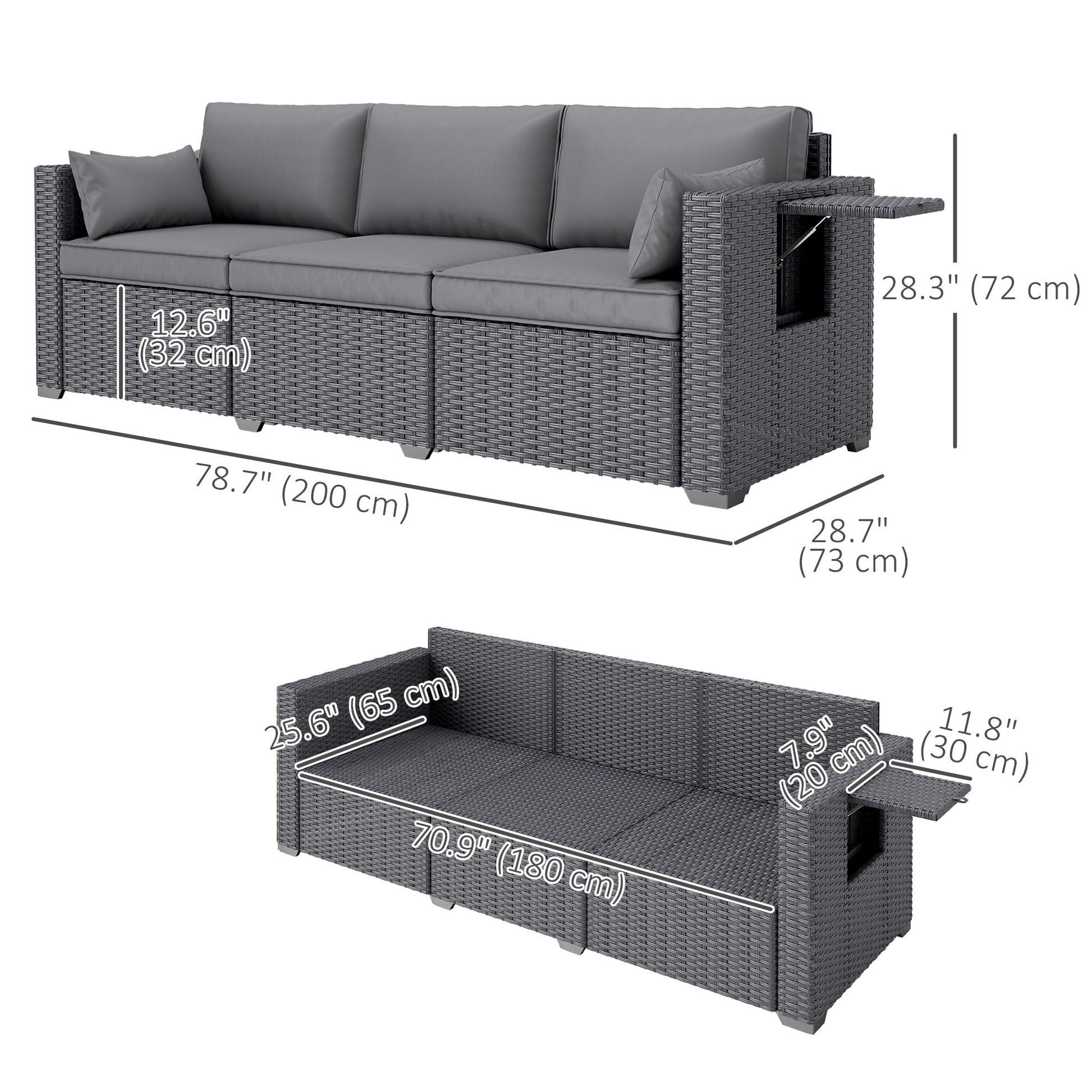 3-Seater Wicker Patio Sofa - Grey with Side Trays-DECOROLALA