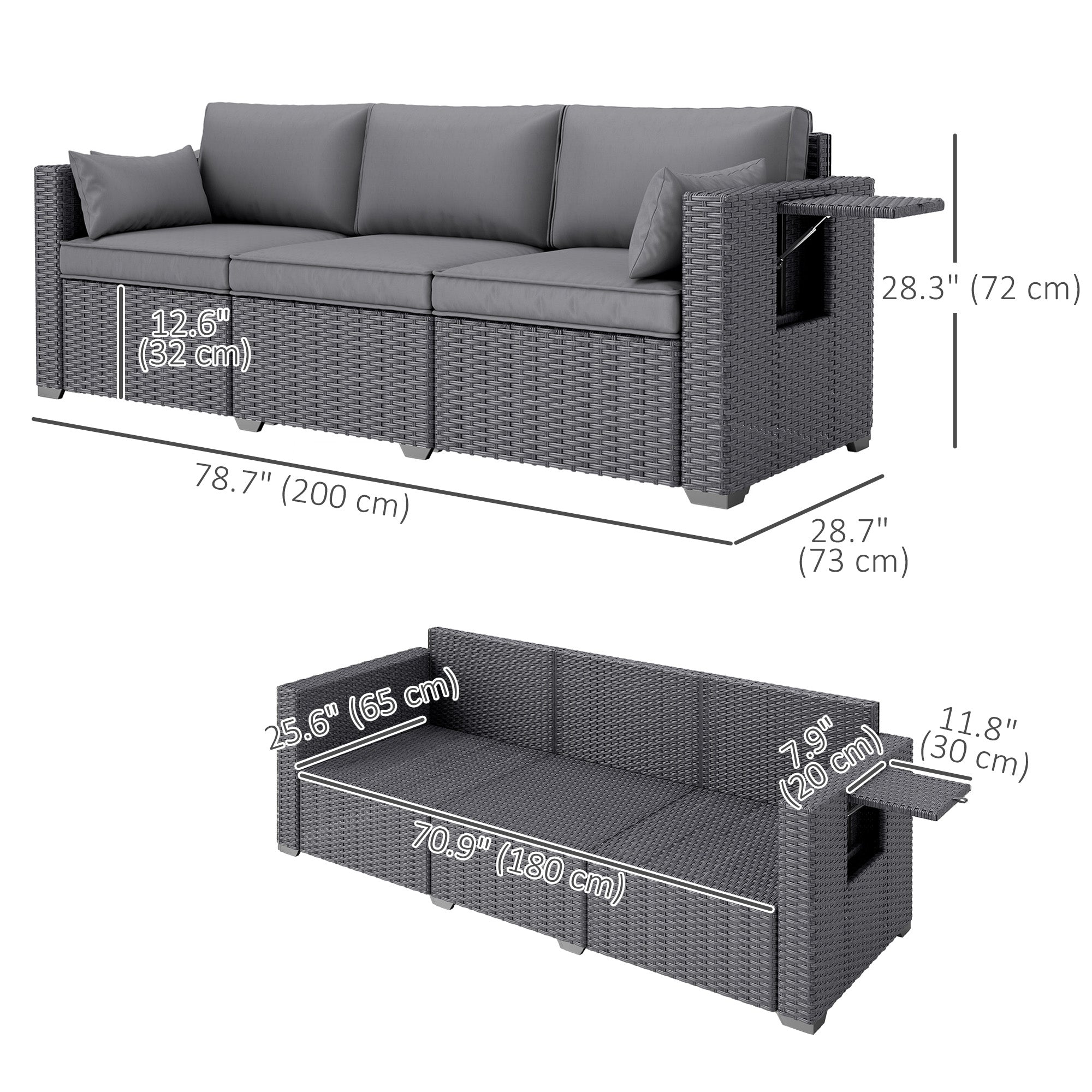 3-Seater Wicker Patio Sofa - Grey with Side Trays-DECOROLALA