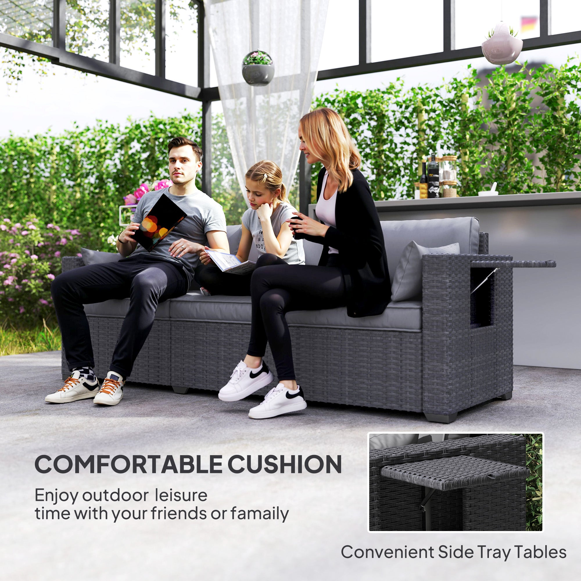 3-Seater Wicker Patio Sofa - Grey with Side Trays-DECOROLALA