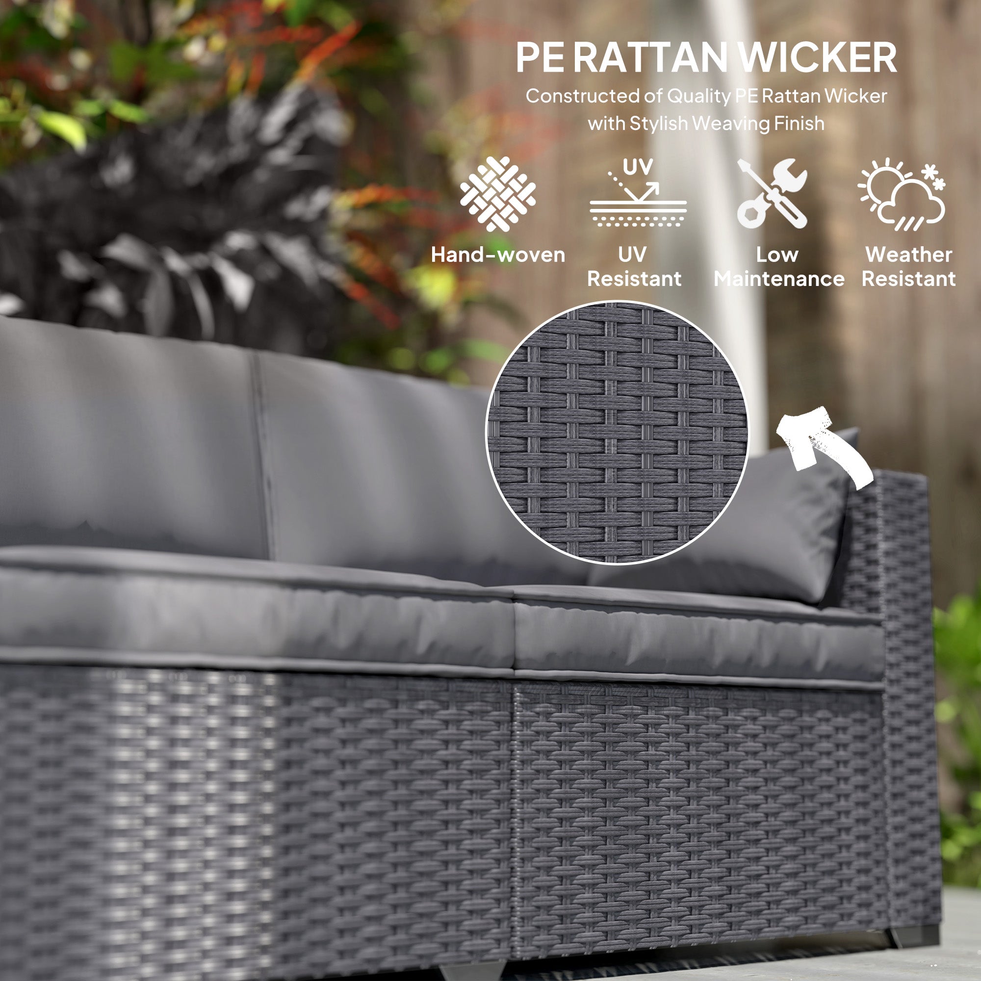 3-Seater Wicker Patio Sofa - Grey with Side Trays-DECOROLALA