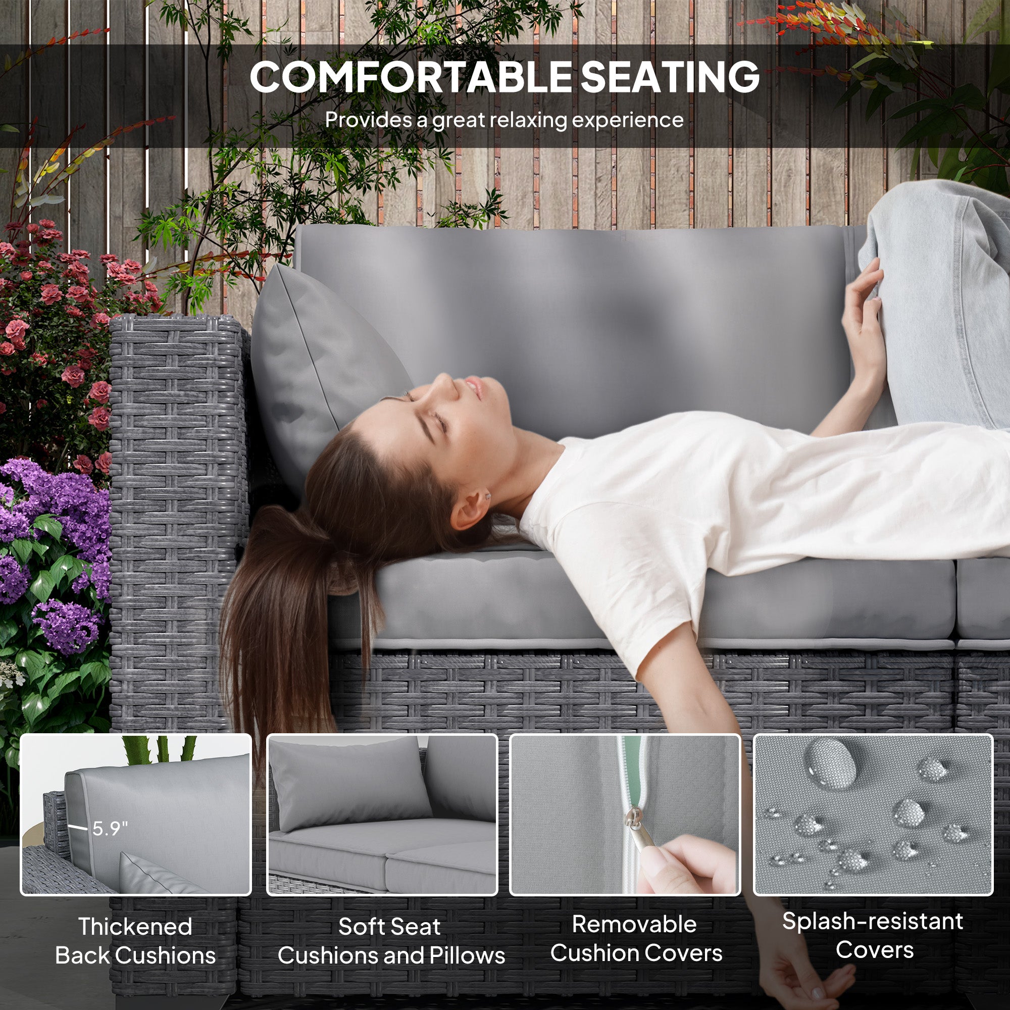 3-Seater Wicker Patio Sofa - Grey with Side Trays-DECOROLALA