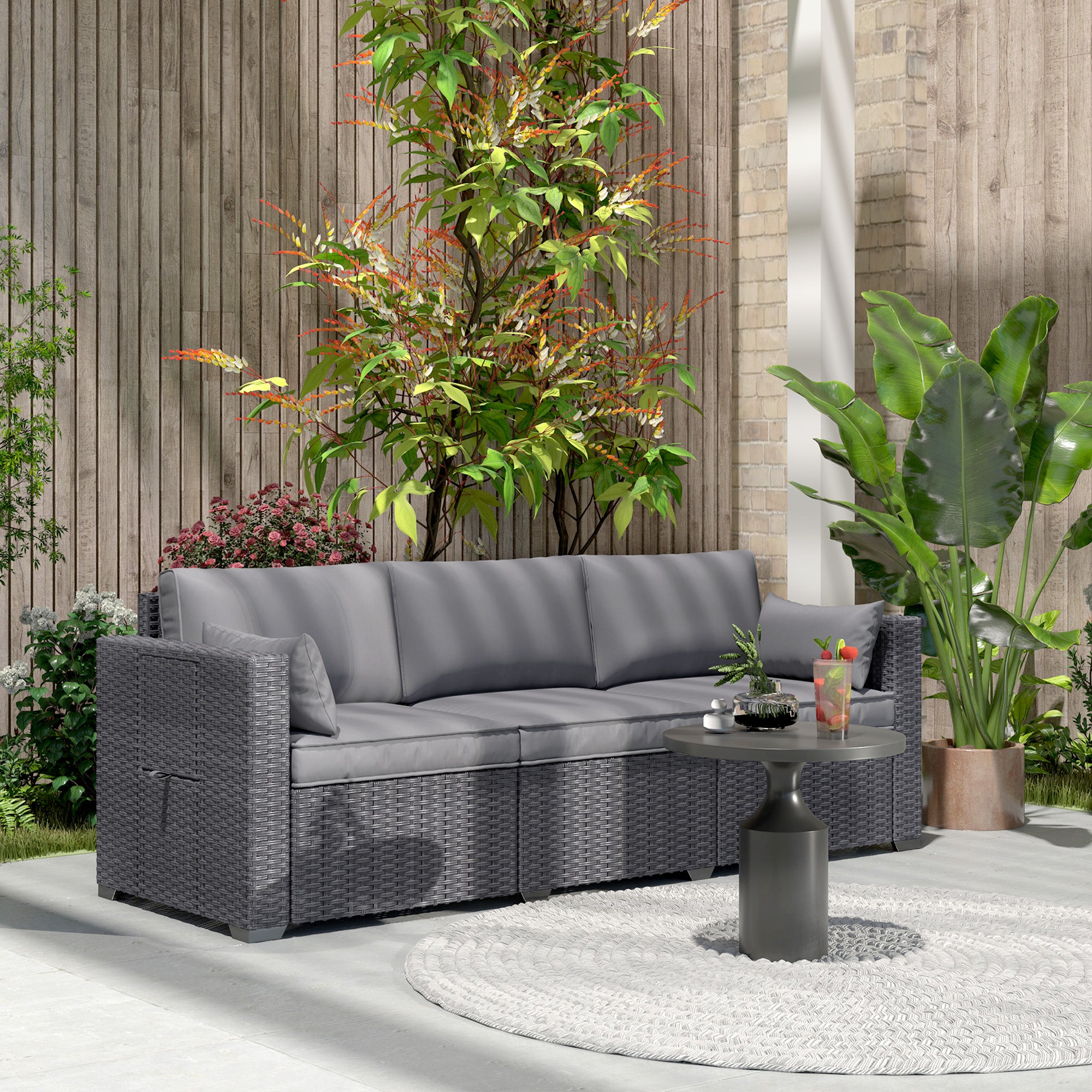 3-Seater Wicker Patio Sofa - Grey with Side Trays-DECOROLALA