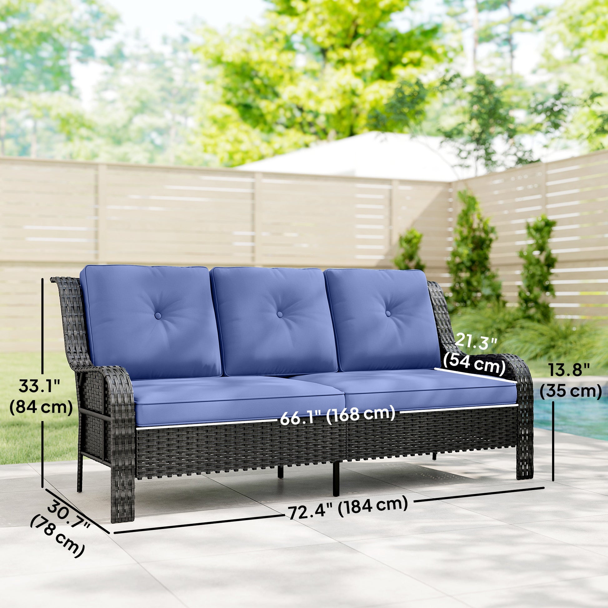 3-Seater Wicker Patio Sofa - Rattan Couch Dark Blue-DECOROLALA