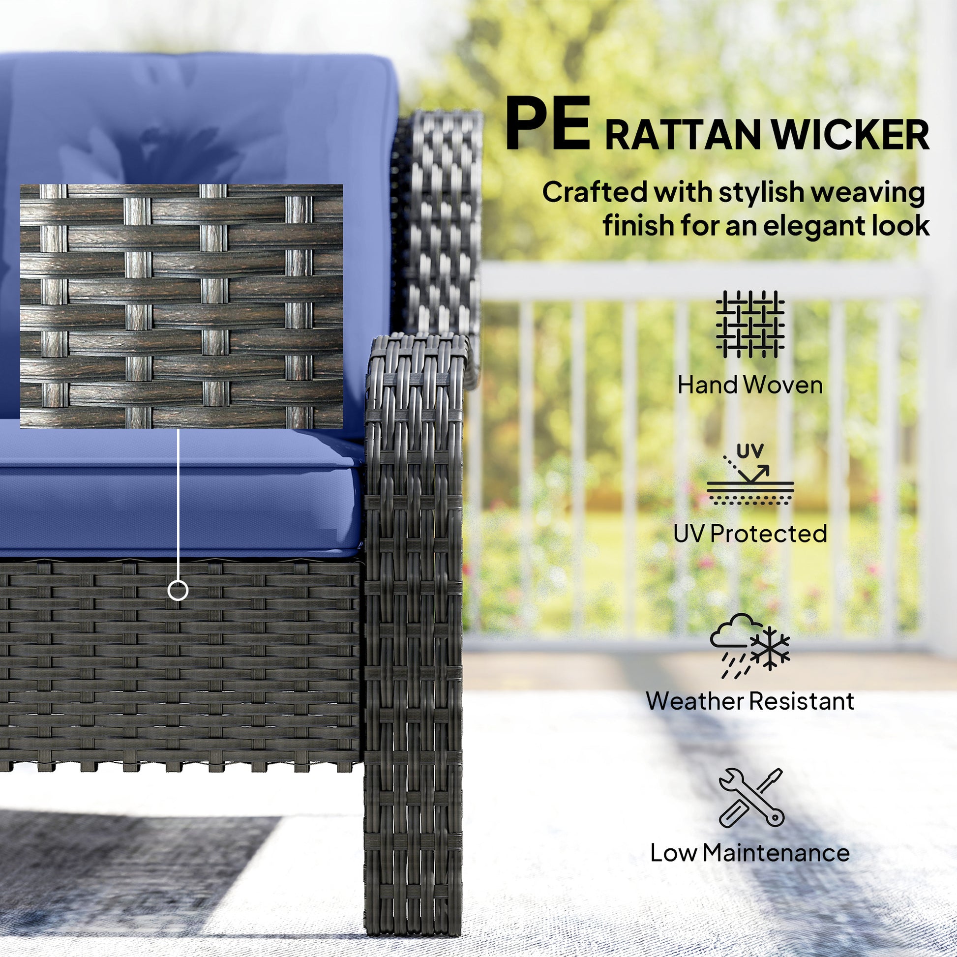 3-Seater Wicker Patio Sofa - Rattan Couch Dark Blue-DECOROLALA