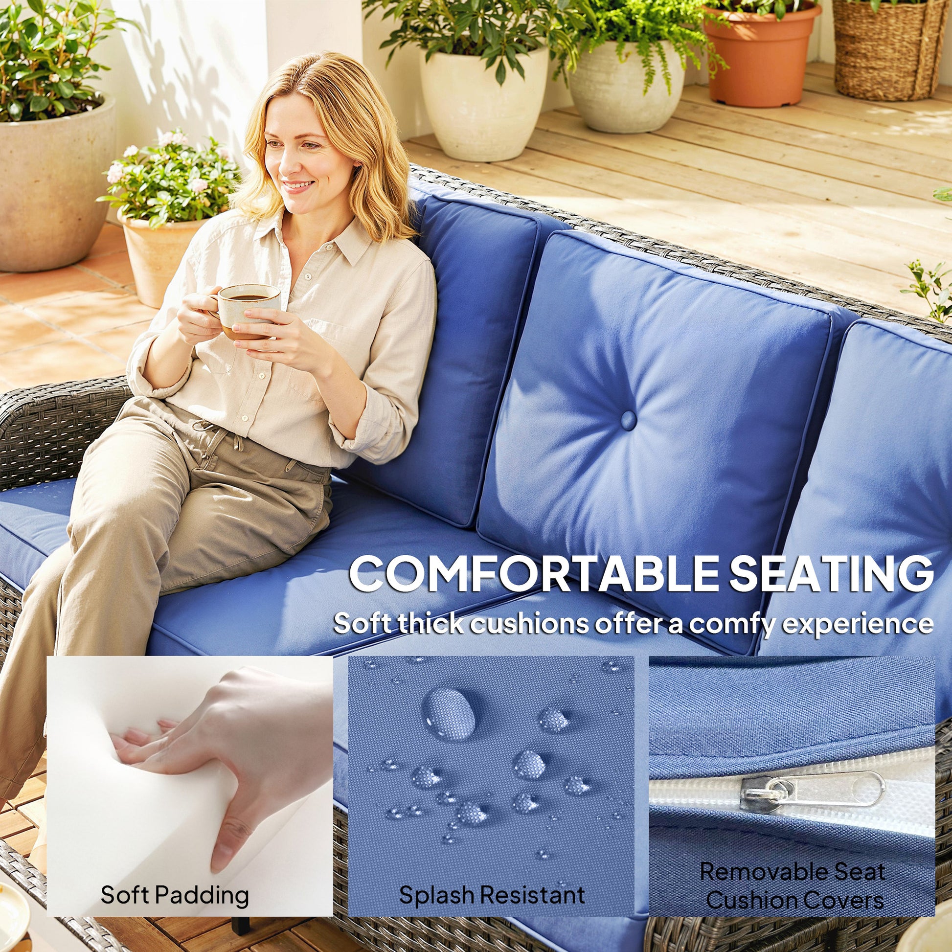 3-Seater Wicker Patio Sofa - Rattan Couch Dark Blue-DECOROLALA