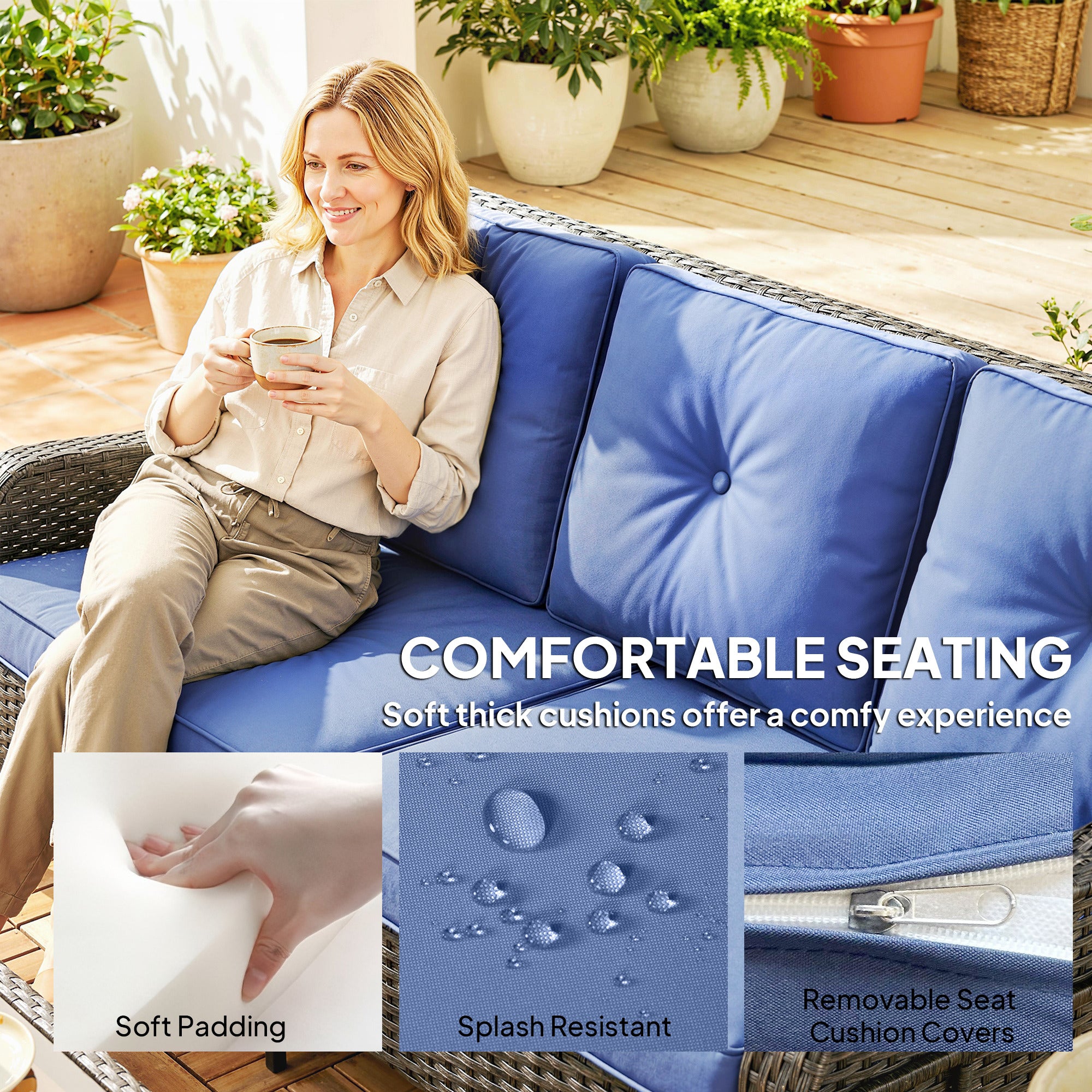 3-Seater Wicker Patio Sofa - Rattan Couch Dark Blue-DECOROLALA