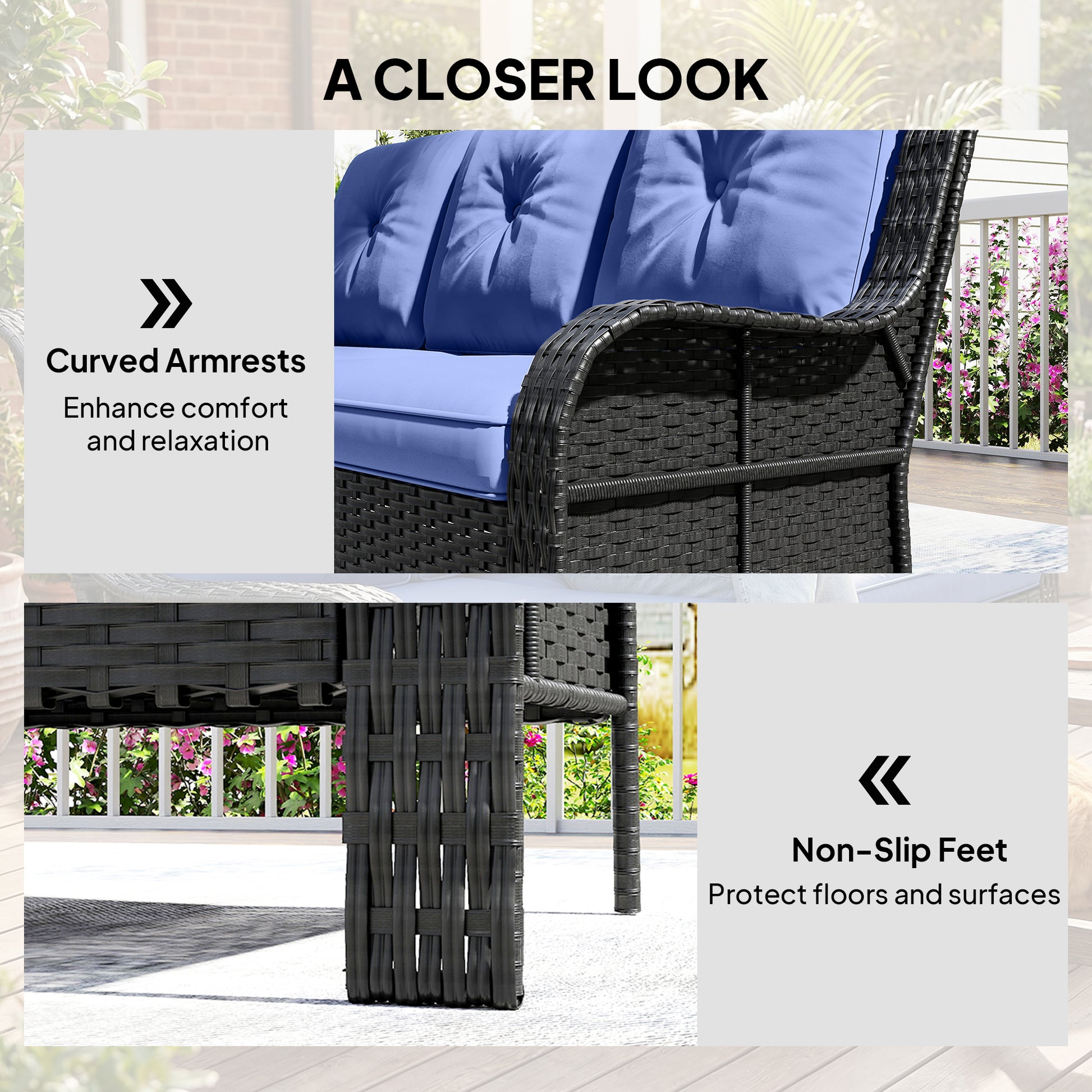 3-Seater Wicker Patio Sofa - Rattan Couch Dark Blue-DECOROLALA
