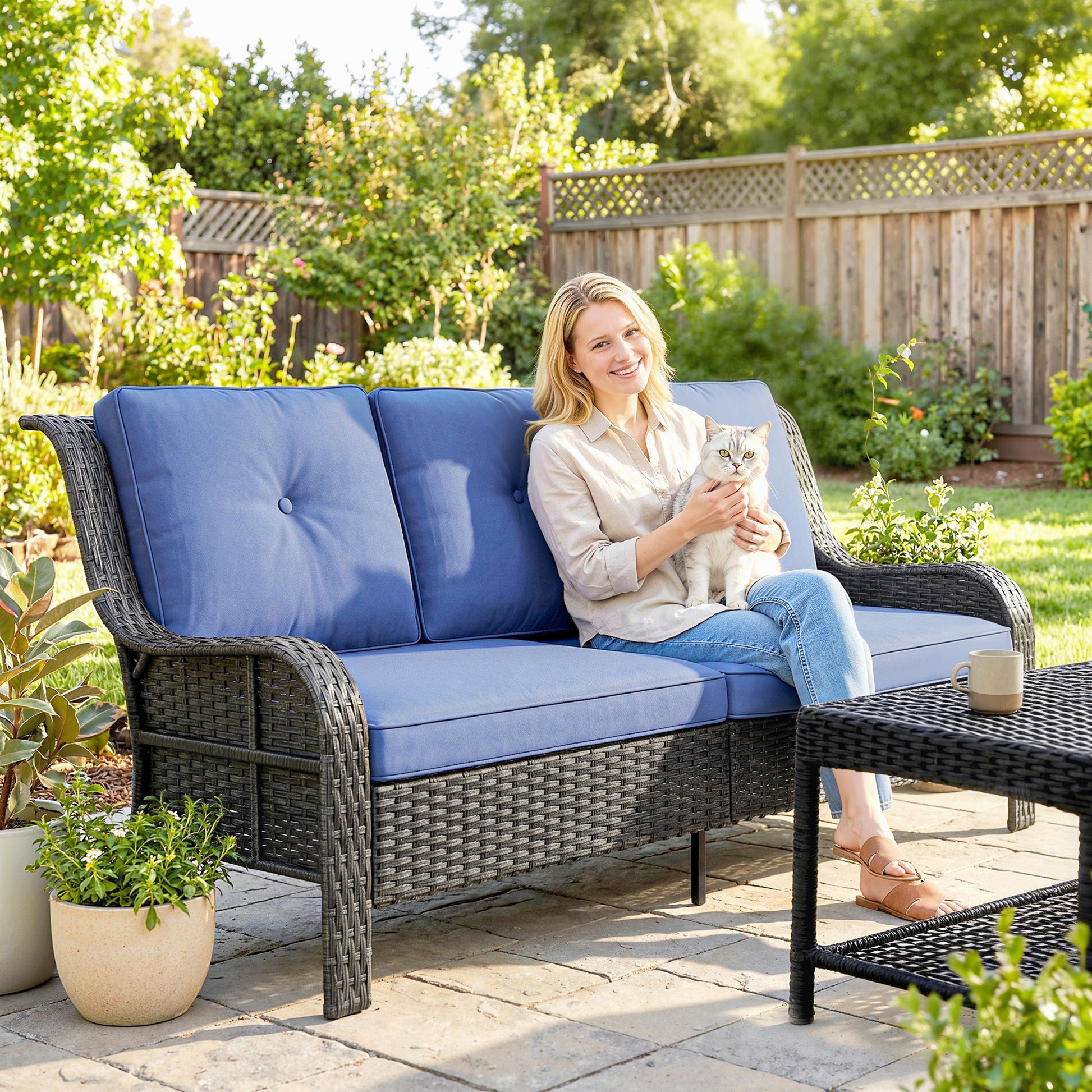 3-Seater Wicker Patio Sofa - Rattan Couch Dark Blue-DECOROLALA