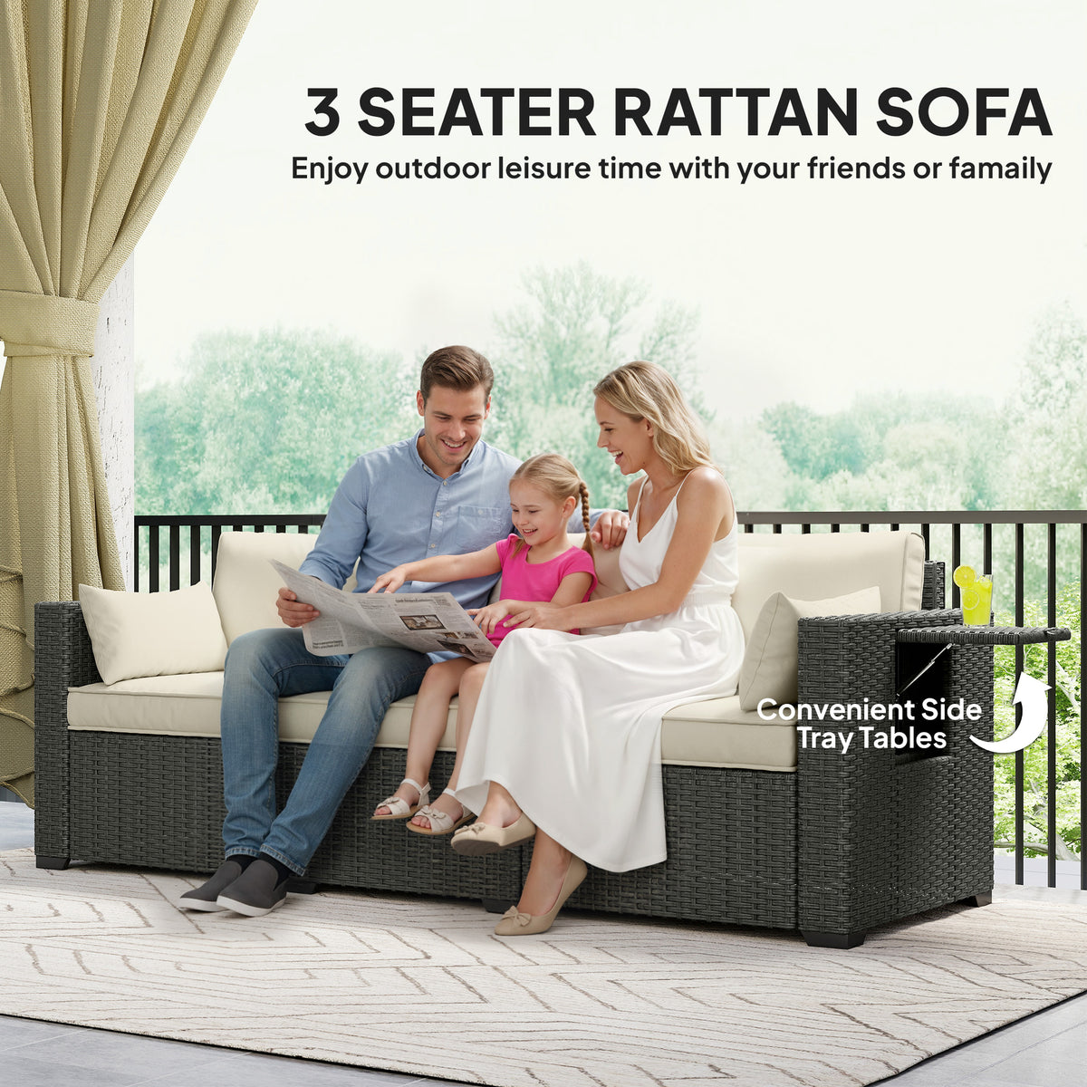 3-Seater Wicker Patio Sofa with Side Trays - Cream White-Outdoor Furniture-DECOROLALA