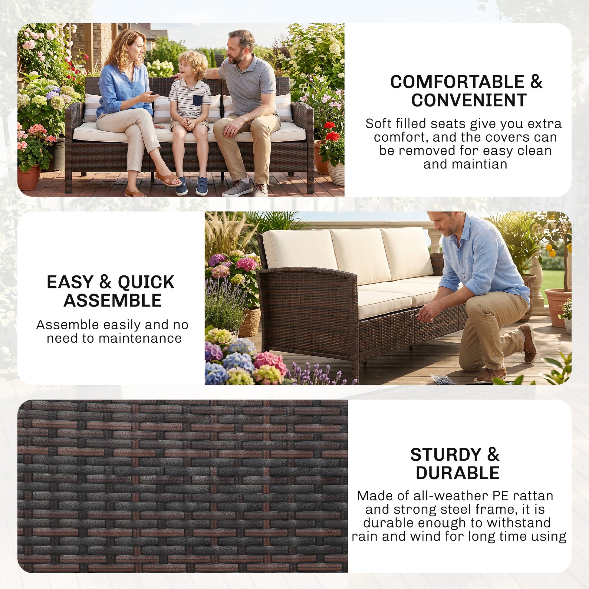 3-Seater Wicker Sofa - Brown PE Rattan Outdoor-DECOROLALA