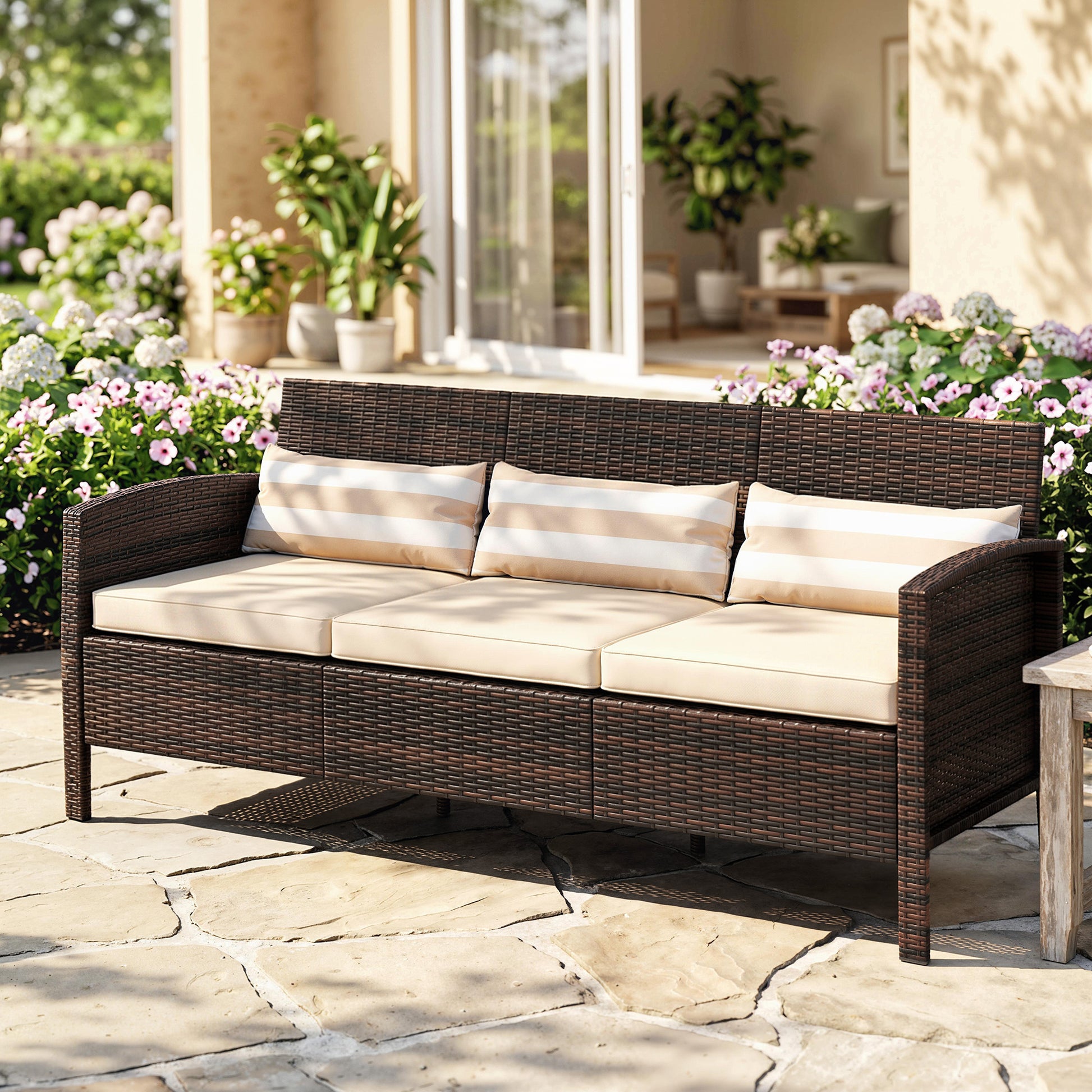 3-Seater Wicker Sofa - Brown PE Rattan Outdoor-DECOROLALA
