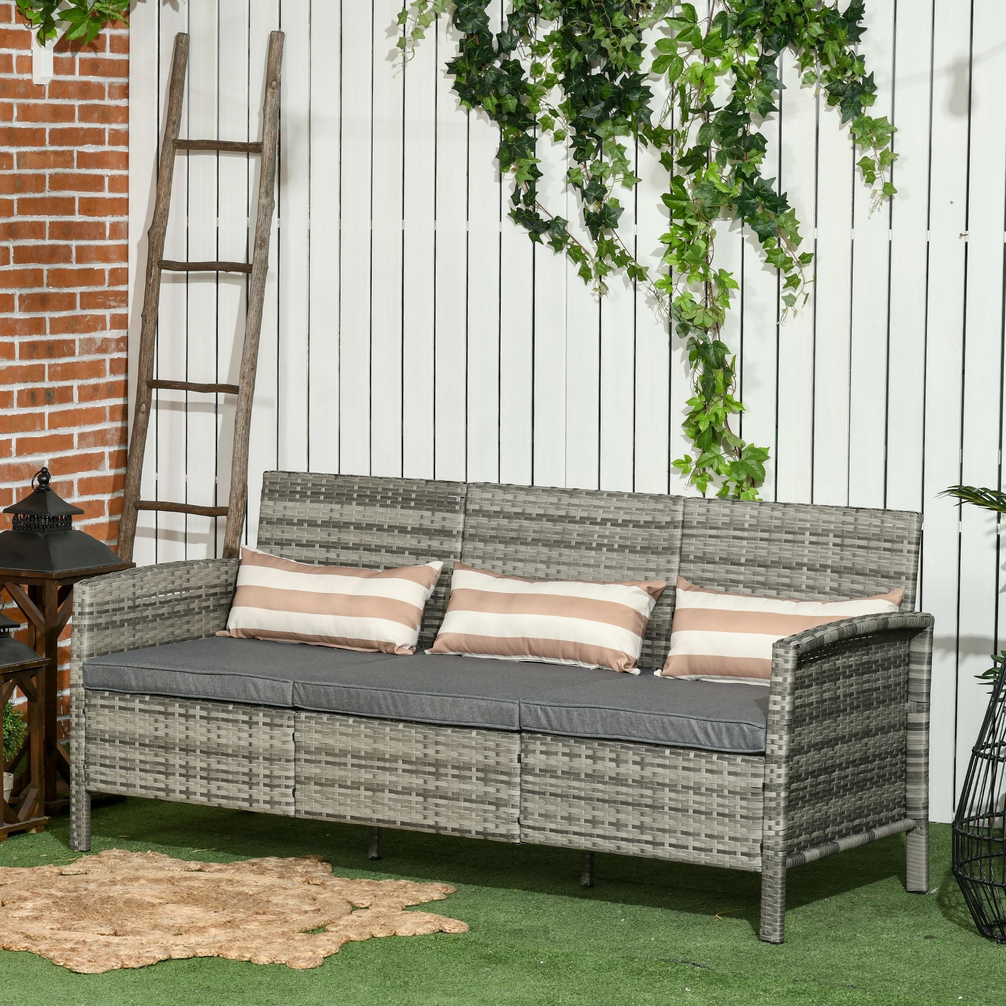 3-Seater Wicker Sofa - Grey Outdoor Couch-DECOROLALA