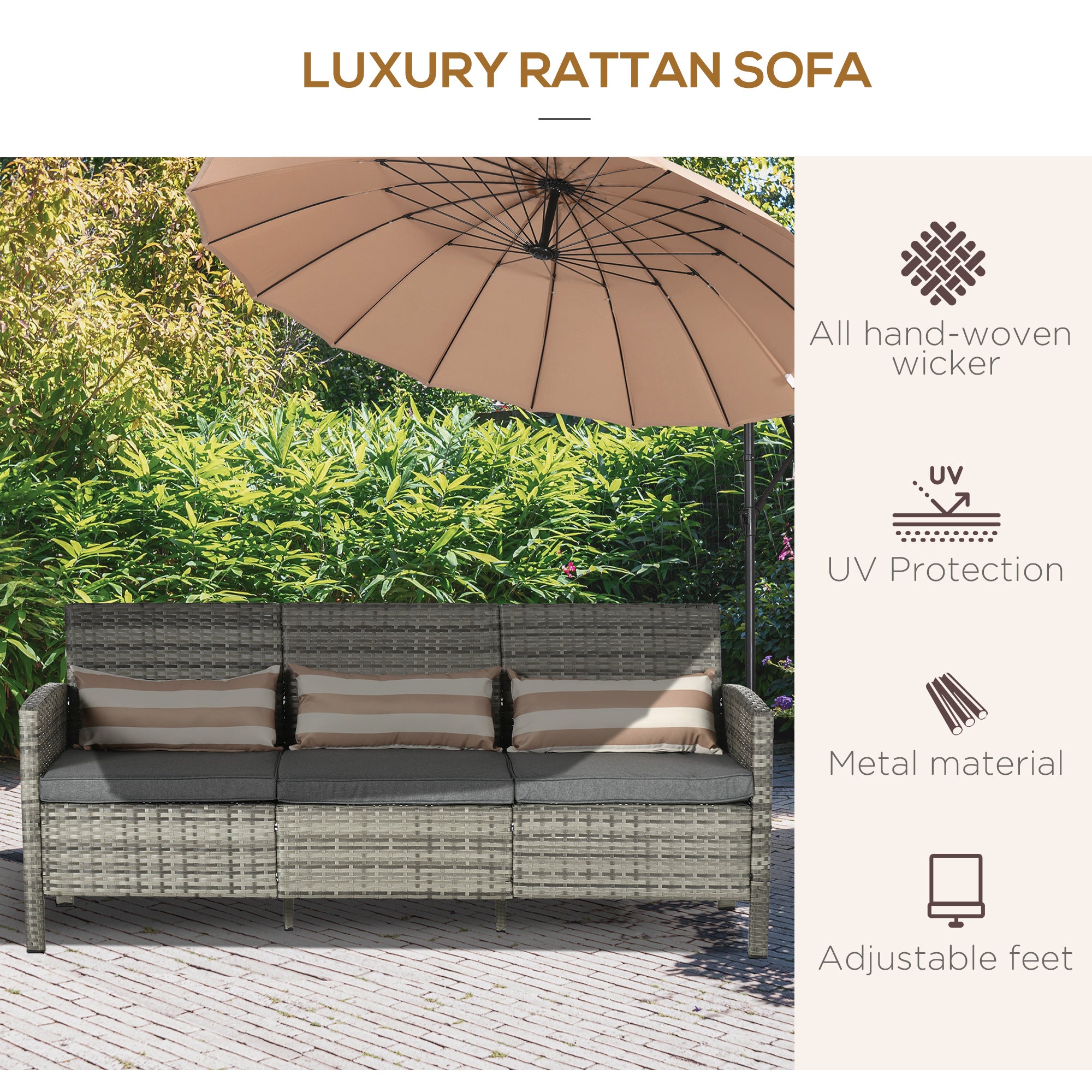 3-Seater Wicker Sofa - Grey Outdoor Couch-DECOROLALA