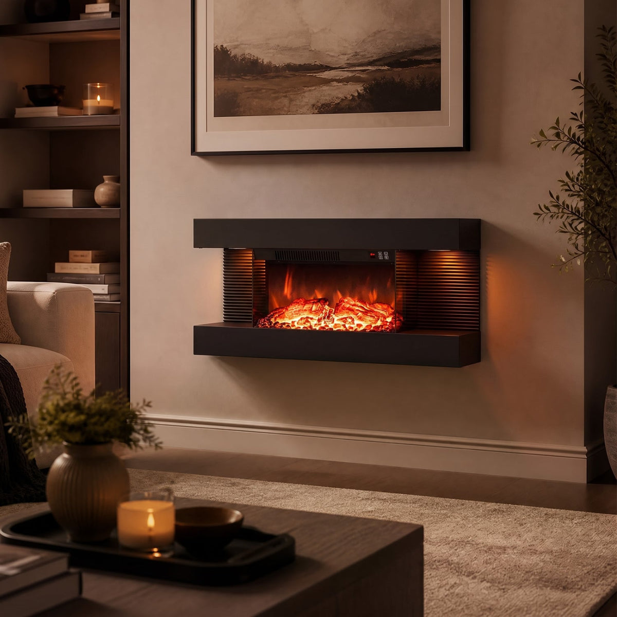 3-Sided Black Wall Mount Electric WiFi Fireplace with Floating Mantel and 12 Flame Ambient-32 inches-Fireplaces-DECOROLALA