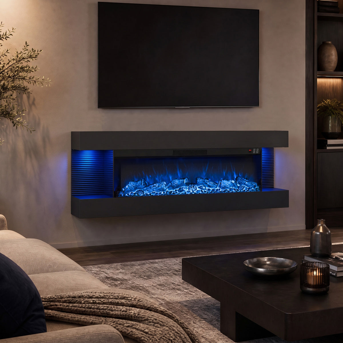 3-Sided Black Wall Mount Electric WiFi Fireplace with Floating Mantel and 12 Flame Ambient-50 Inches-Fireplaces-DECOROLALA