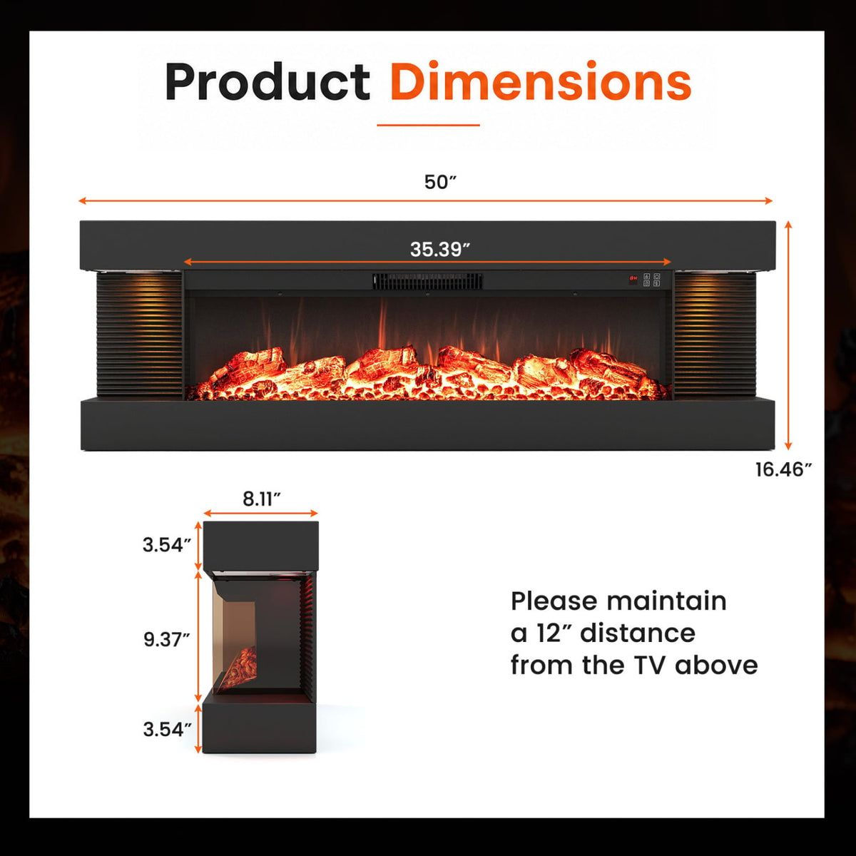 3-Sided Black Wall Mount Electric WiFi Fireplace with Floating Mantel and 12 Flame Ambient-50 Inches-Fireplaces-DECOROLALA