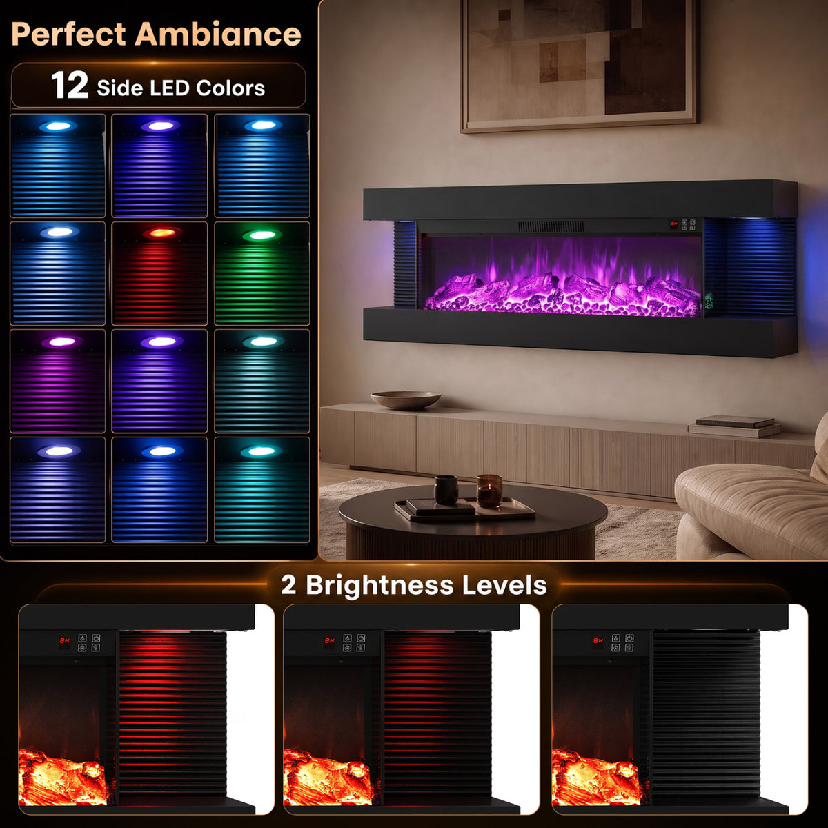 3-Sided Black Wall Mount Electric WiFi Fireplace with Floating Mantel and 12 Flame Ambient-50 Inches-Fireplaces-DECOROLALA
