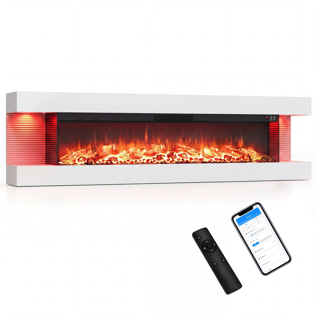 3-Sided White Wall Mount Electric WiFi Fireplace with Floating Mantel and 12 Flame Ambient-60 Inches-Fireplaces-DECOROLALA