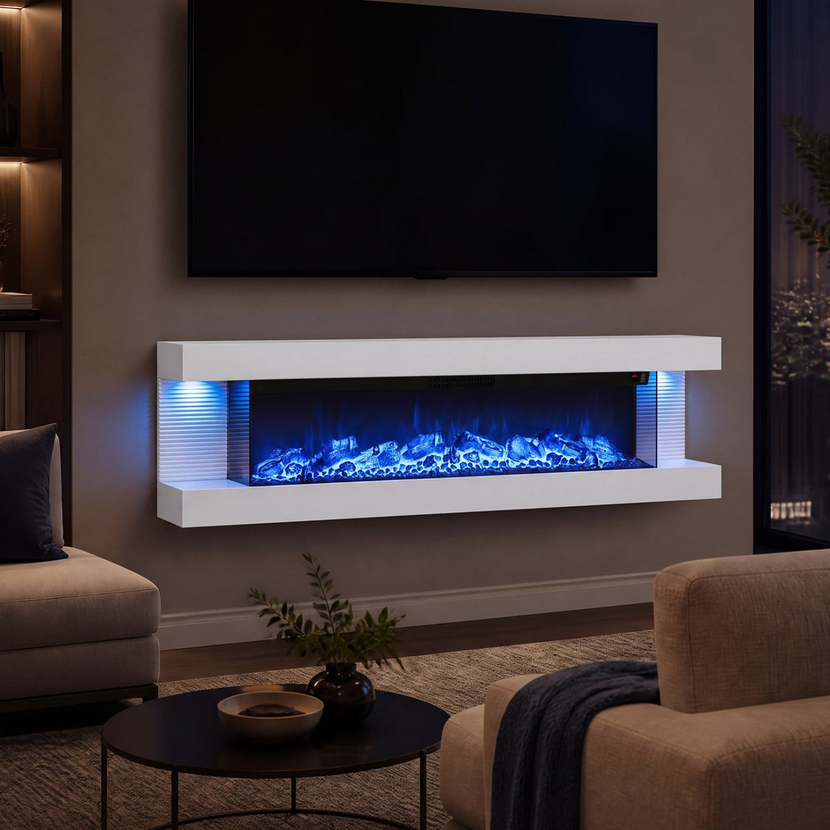 3-Sided White Wall Mount Electric WiFi Fireplace with Floating Mantel and 12 Flame Ambient-60 Inches-Fireplaces-DECOROLALA