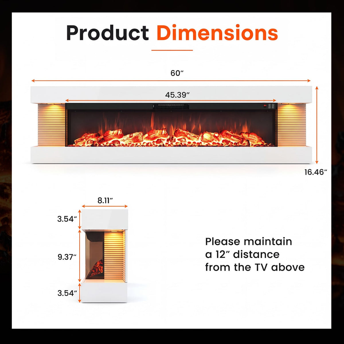 3-Sided White Wall Mount Electric WiFi Fireplace with Floating Mantel and 12 Flame Ambient-60 Inches-Fireplaces-DECOROLALA