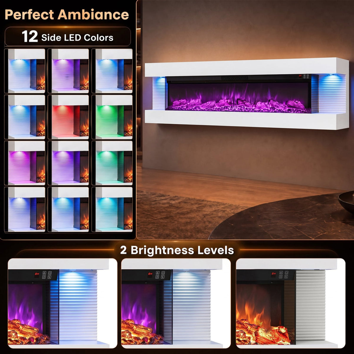 3-Sided White Wall Mount Electric WiFi Fireplace with Floating Mantel and 12 Flame Ambient-60 Inches-Fireplaces-DECOROLALA