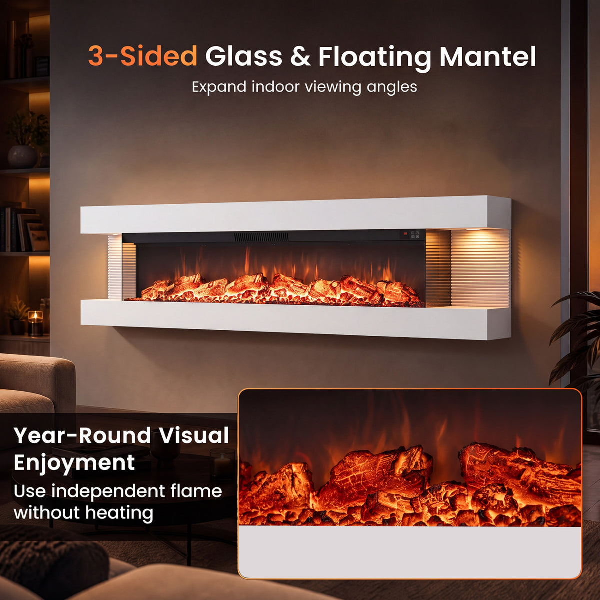 3-Sided White Wall Mount Electric WiFi Fireplace with Floating Mantel and 12 Flame Ambient-60 Inches-Fireplaces-DECOROLALA