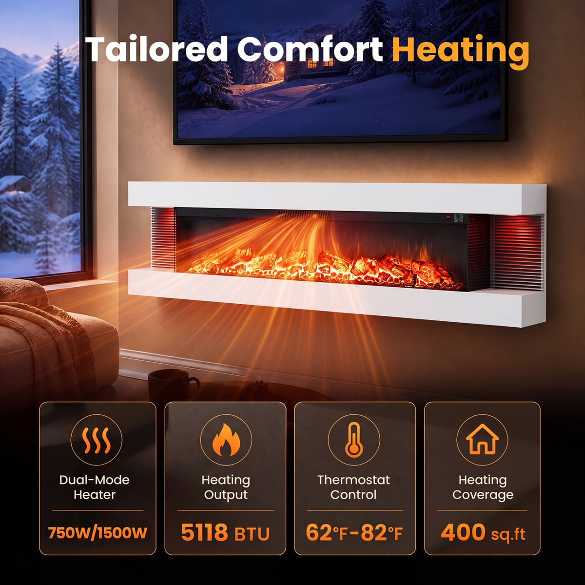 3-Sided White Wall Mount Electric WiFi Fireplace with Floating Mantel and 12 Flame Ambient-60 Inches-Fireplaces-DECOROLALA