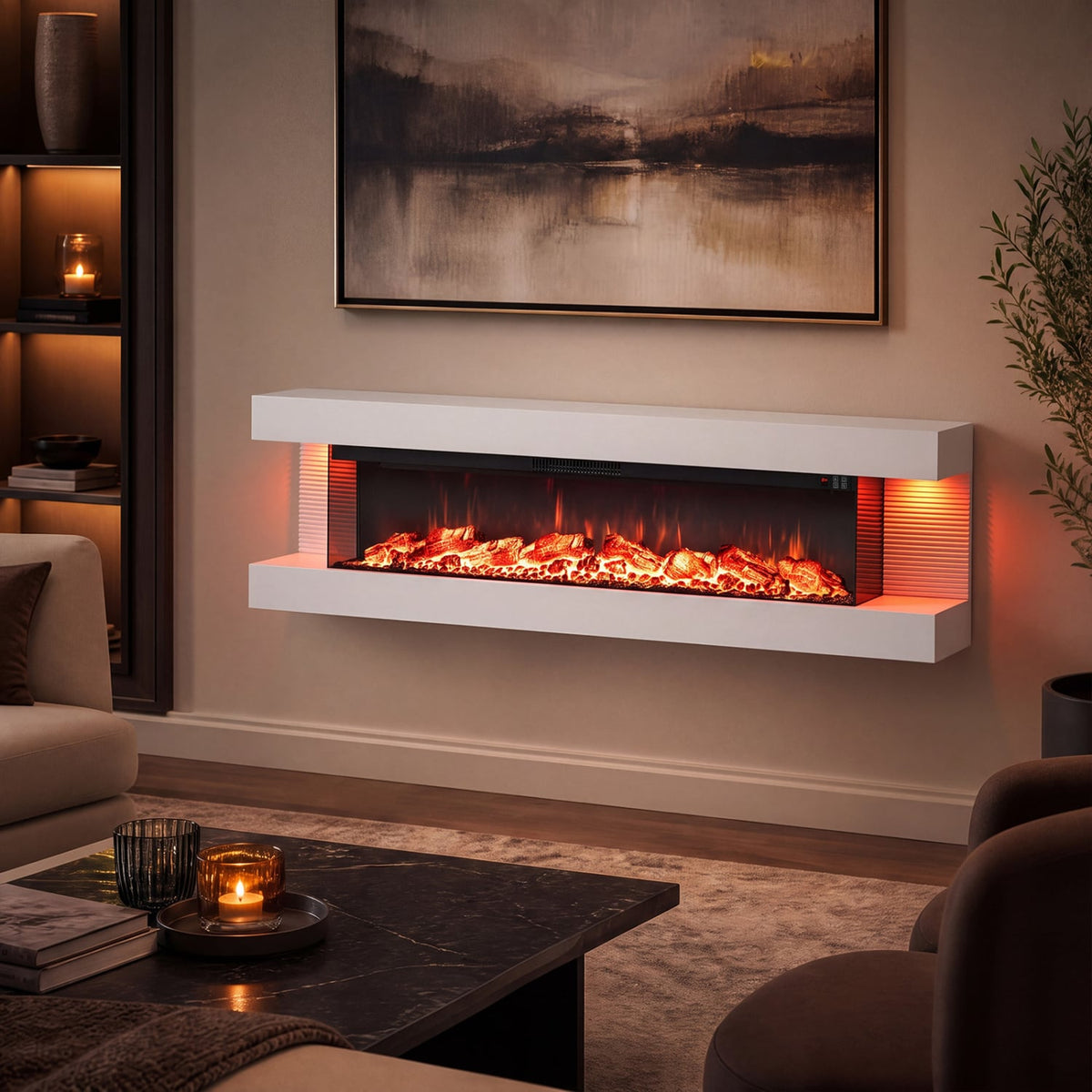 3-Sided White Wall Mount Electric WiFi Fireplace with Floating Mantel and 12 Flame Ambient-60 Inches-Fireplaces-DECOROLALA