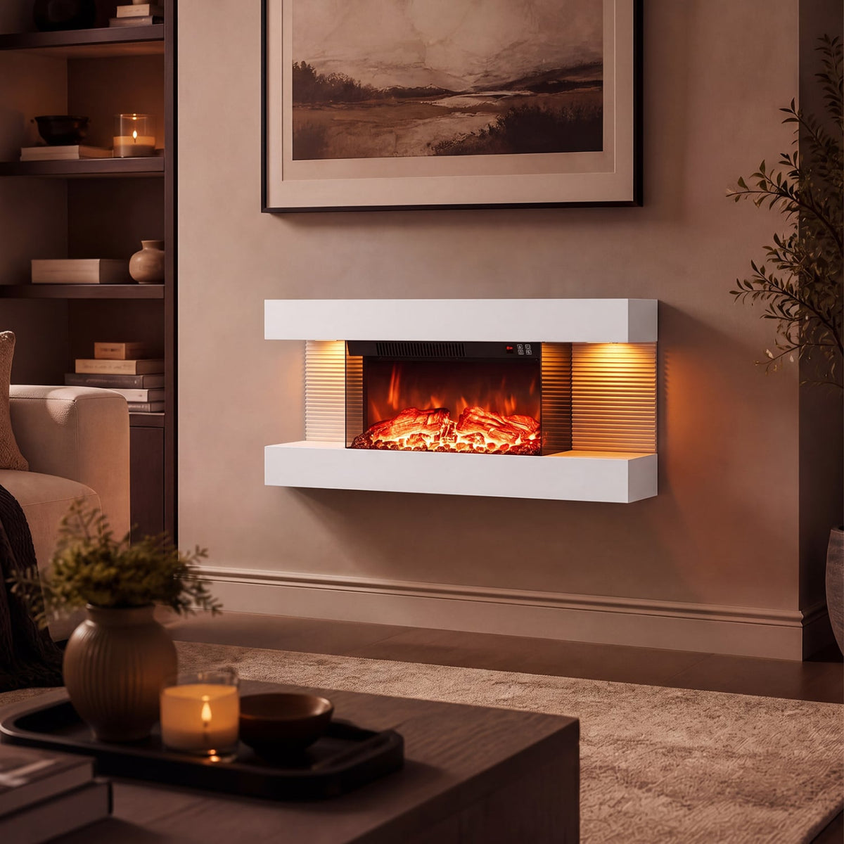 3-Sided White Wall Mount Electric WiFi Fireplace with Floating Mantel and 12 Flame Ambient Colors-32 inch-Fireplaces-DECOROLALA