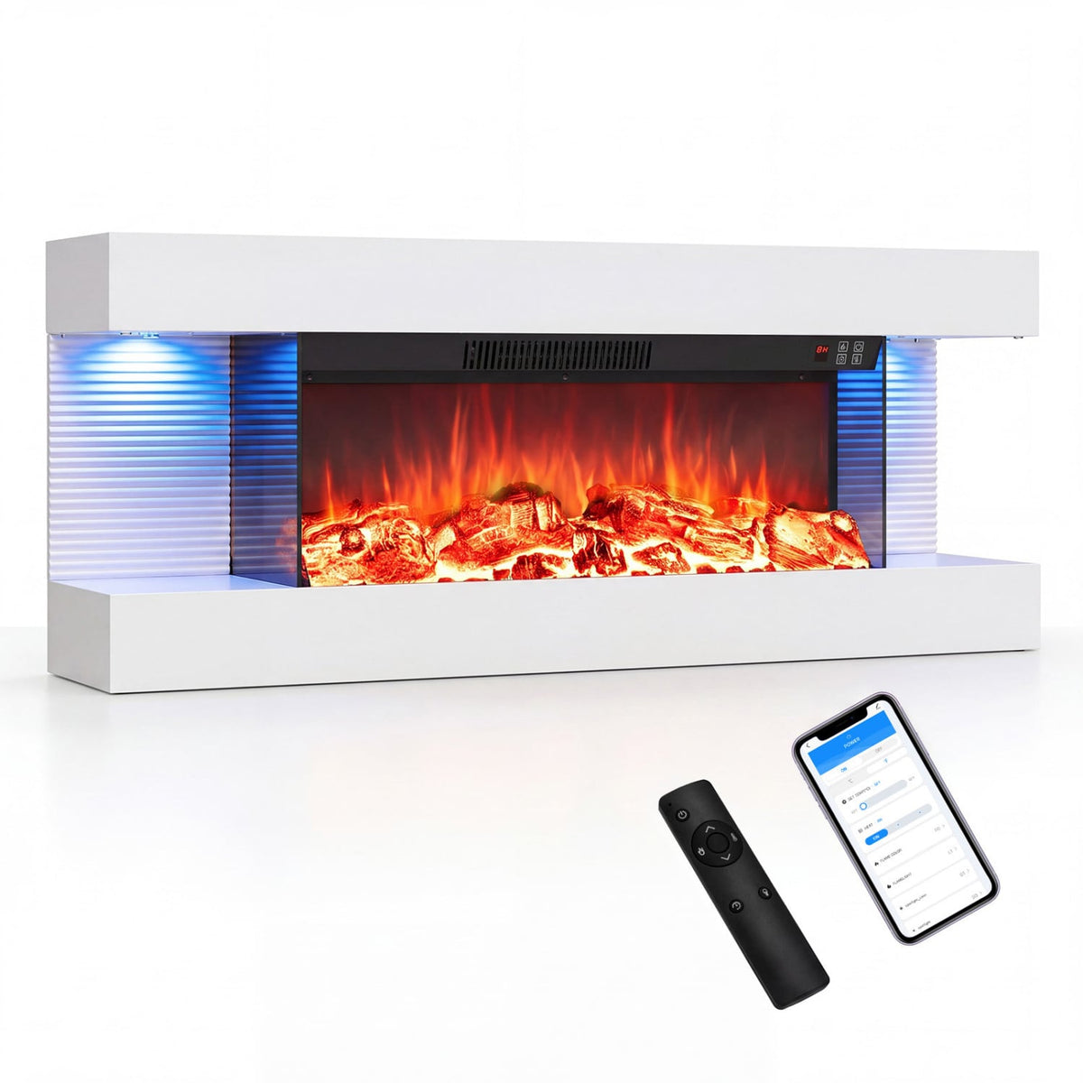 3-Sided White Wall Mount Electric WiFi Fireplace with Floating Mantel and 12 Flame Ambient Colors-40"-Fireplaces-DECOROLALA