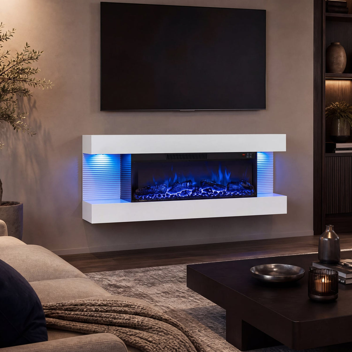 3-Sided White Wall Mount Electric WiFi Fireplace with Floating Mantel and 12 Flame Ambient Colors-40"-Fireplaces-DECOROLALA