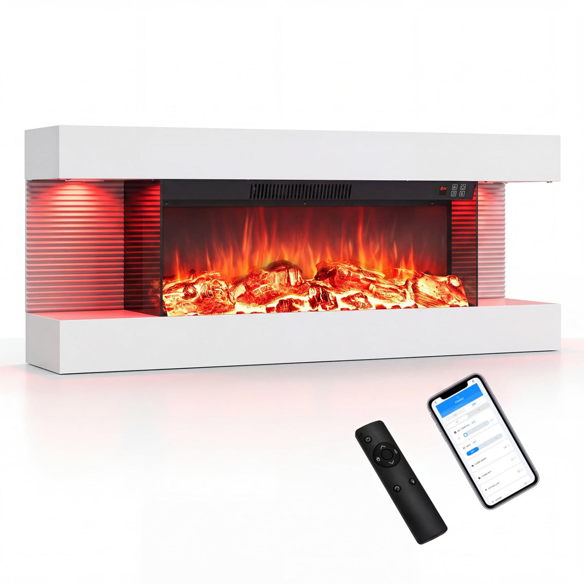 3-Sided White Wall Mount Electric WiFi Fireplace with Floating Mantel and 12 Flame Ambient Colors-40"-Fireplaces-DECOROLALA