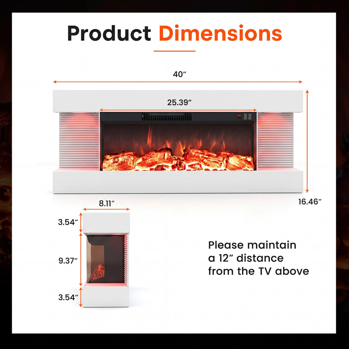 3-Sided White Wall Mount Electric WiFi Fireplace with Floating Mantel and 12 Flame Ambient Colors-40"-Fireplaces-DECOROLALA
