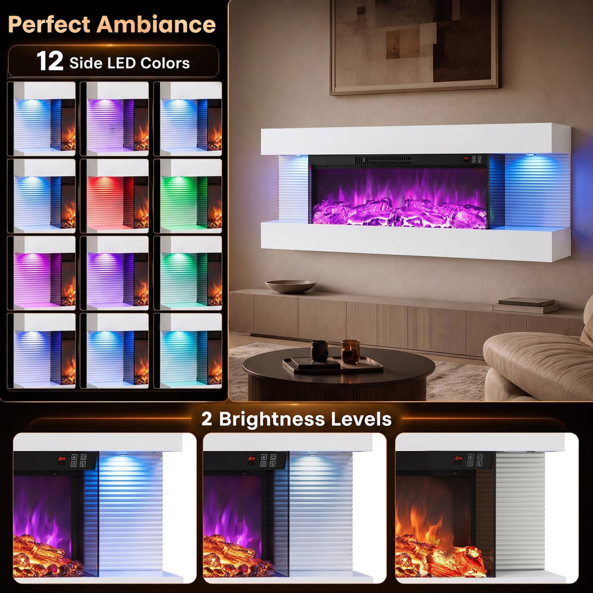 3-Sided White Wall Mount Electric WiFi Fireplace with Floating Mantel and 12 Flame Ambient Colors-40"-Fireplaces-DECOROLALA